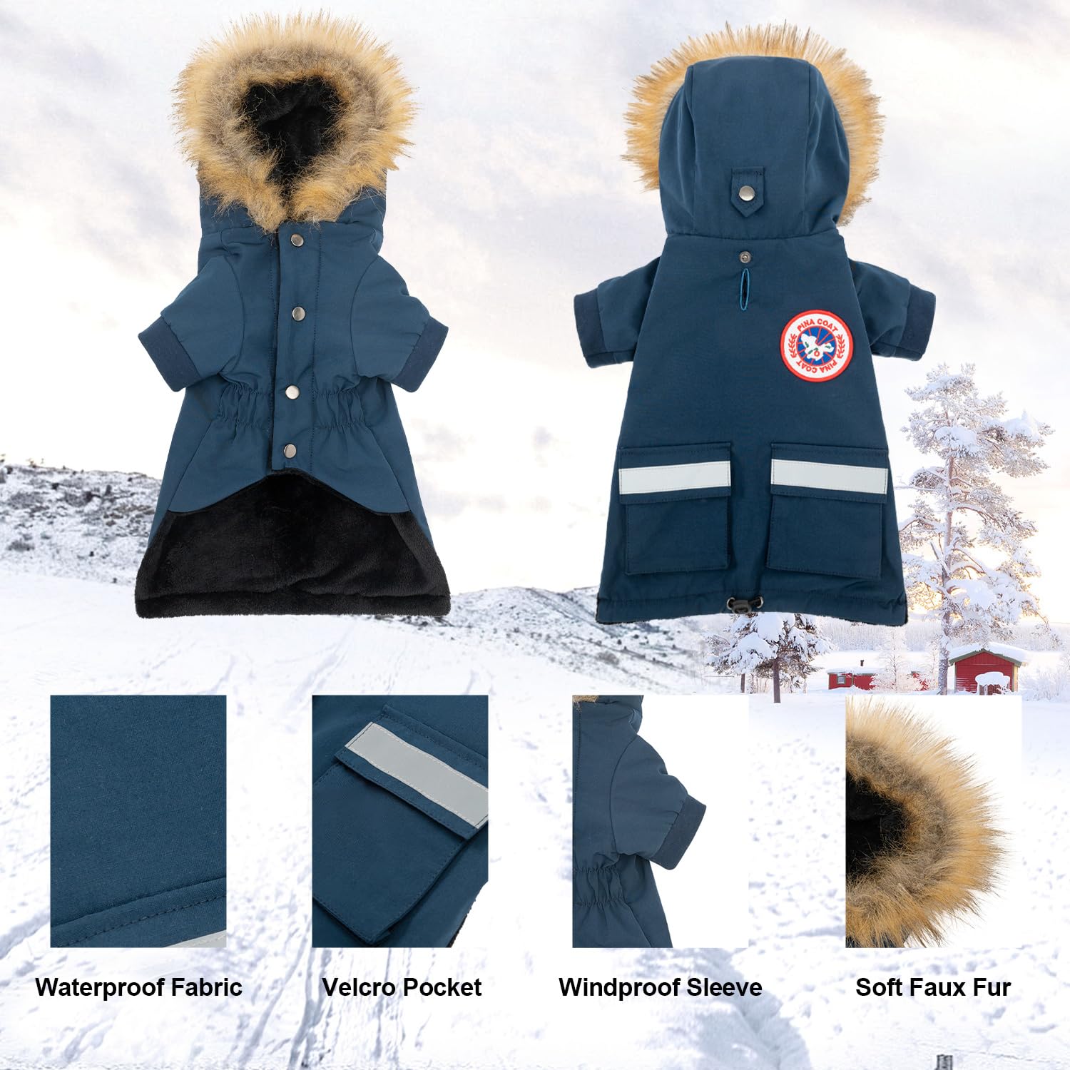 PINA Manteaux pour petit chien – Veste d'hiver imperméable et chaude avec capuche en fausse fourrure et poche