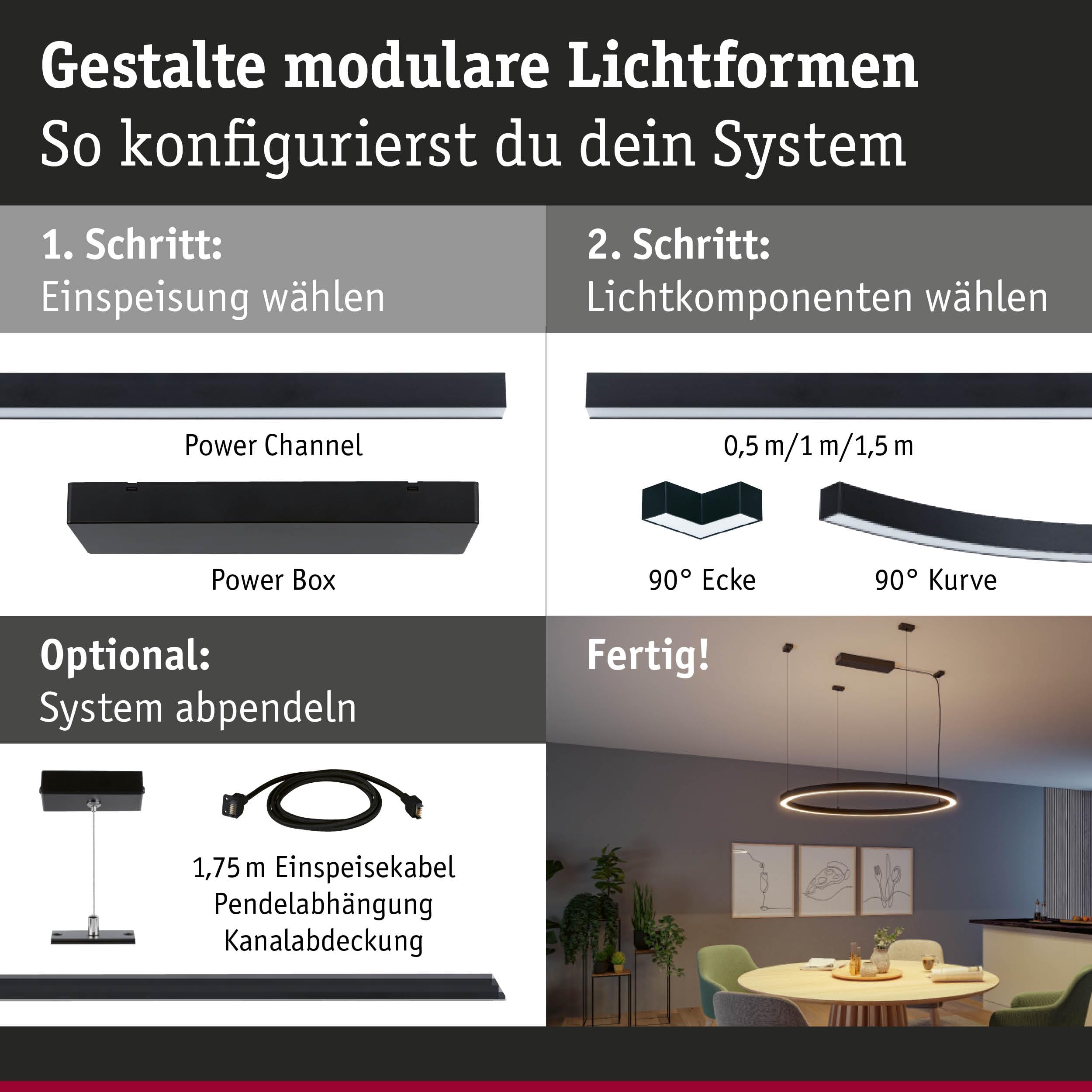 Paulmann 98171 Linion - Canal luminoso, 90 °, 2000 lm/m, 3000 K, color negro