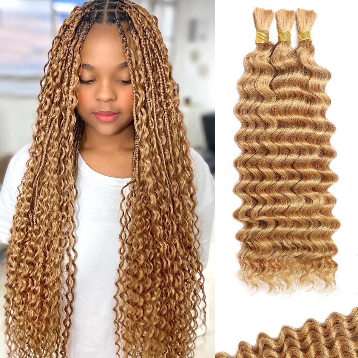 Human Braiding Hair for Boho Braids 20 Inch 120g Highlight Balayage Deep Wave Boho Bulk Human Hair for Braiding Knotless 12A Curly Wet and Wavy Bohemian Braids No Weft 3 Bundles 4/27 Color