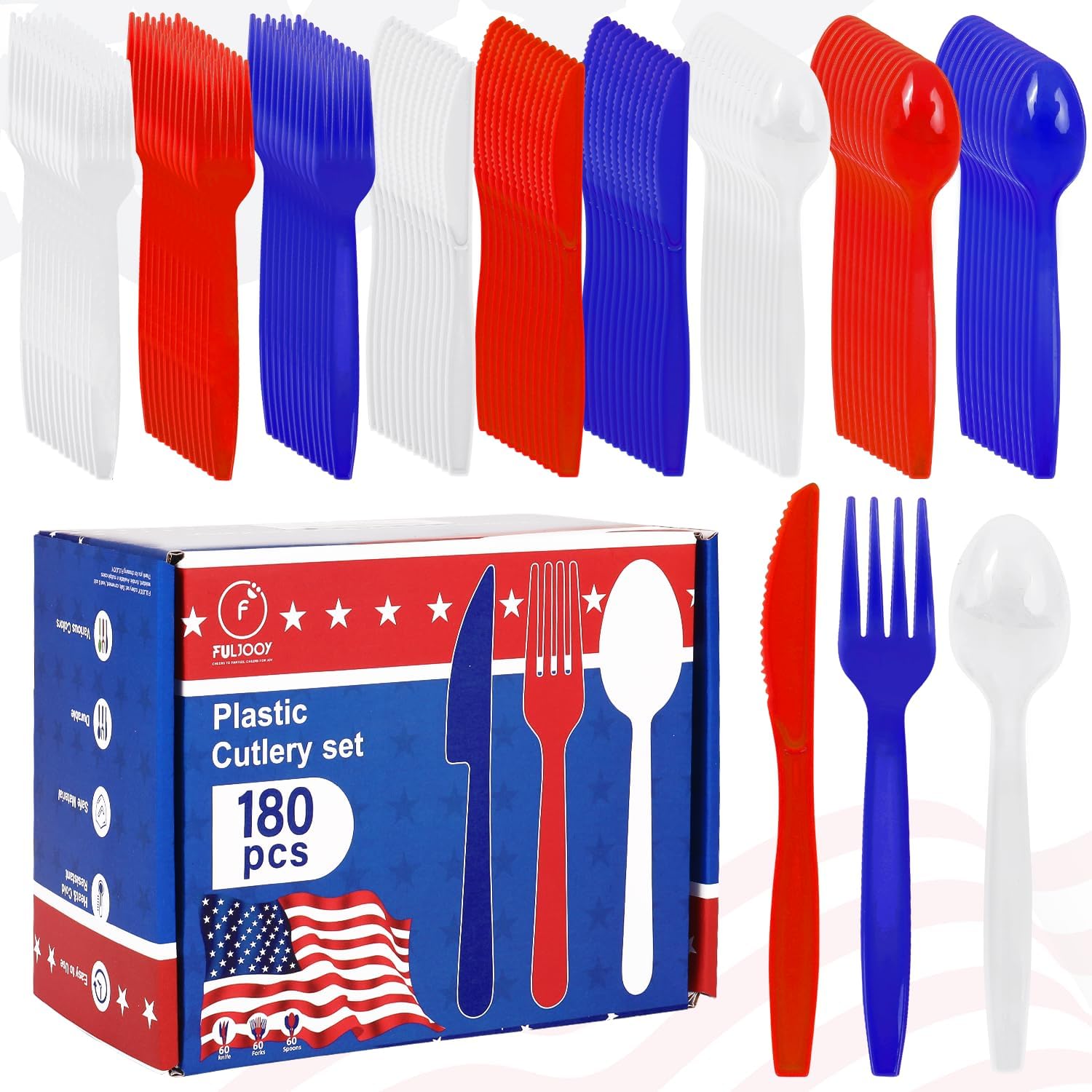 180 Pieces 4th of July Plastic Silverware Heavy Duty Plastic Cutlery Set Disposable Utensils Includes Spoons Forks Knives for Memorial Day Decorations Utensil Flatware Independence Day