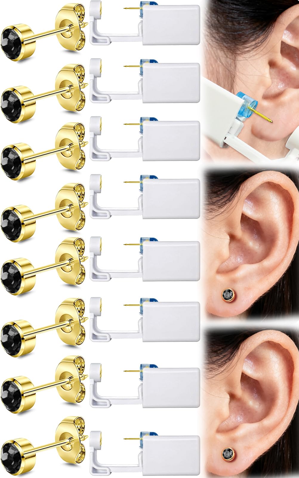 Get the Perfect Ear Piercing with 24 Pcs Premium Ear Piercing Kit - Includes 8 Black CZ Stones Earrings and 8 Easy-to-Use Self Ear Piercing Gun - Safe and Painless