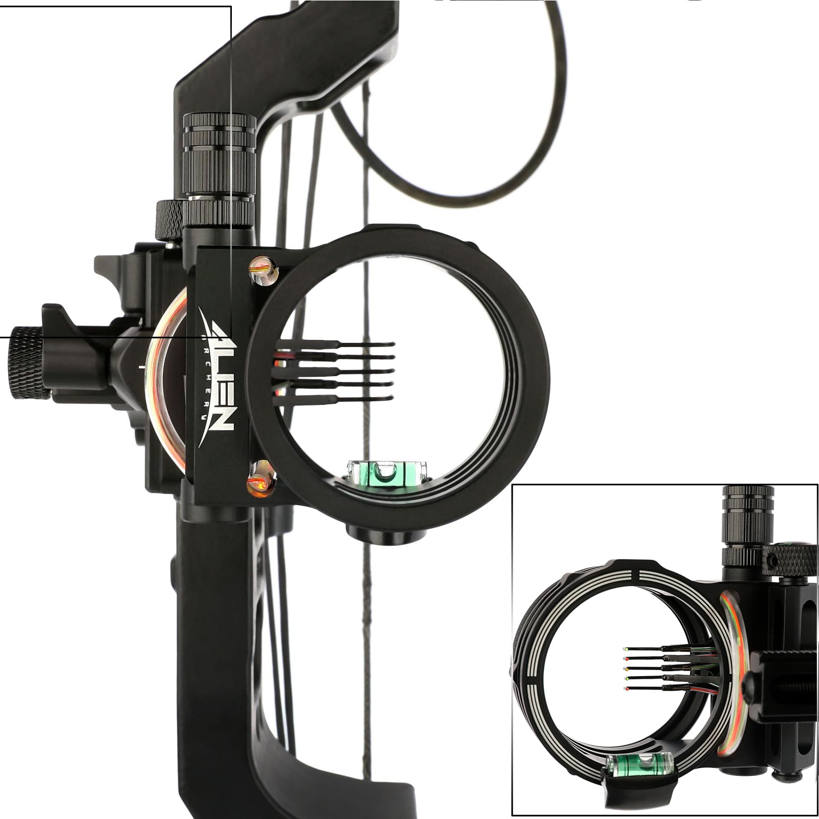 5 Clavijas Mira para Arco Compuesto Miras de Tiro con Arco para diestros y Zurdos Mira de Caza de Aluminio con Luz de Tiro Accesorio de Tiro