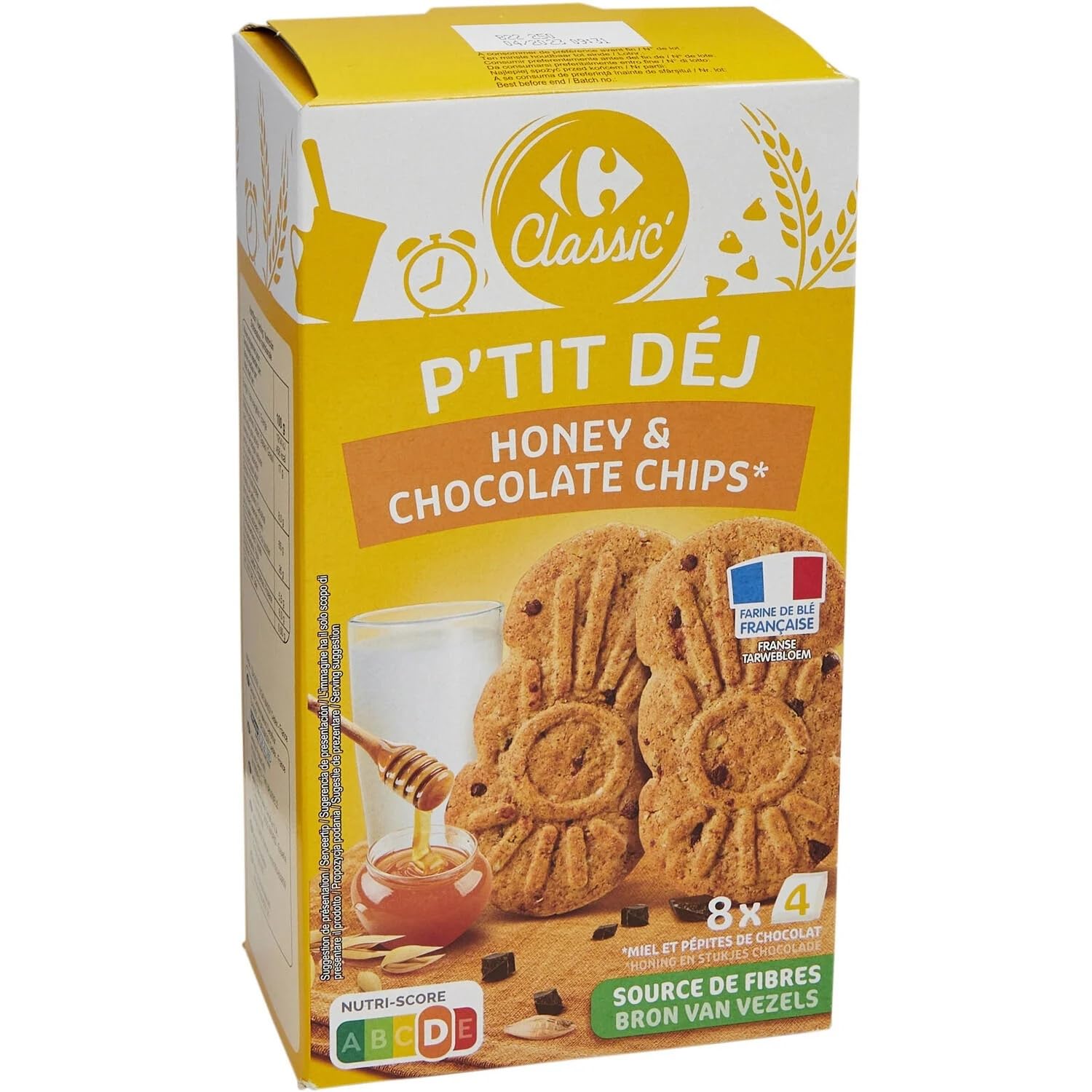 CARREFOUR CLASSIC - Biscuits aux Céréales aux Pépites de Chocolat et au Miel - Recette au Miel - la boite de 400g - Le Lot De 4