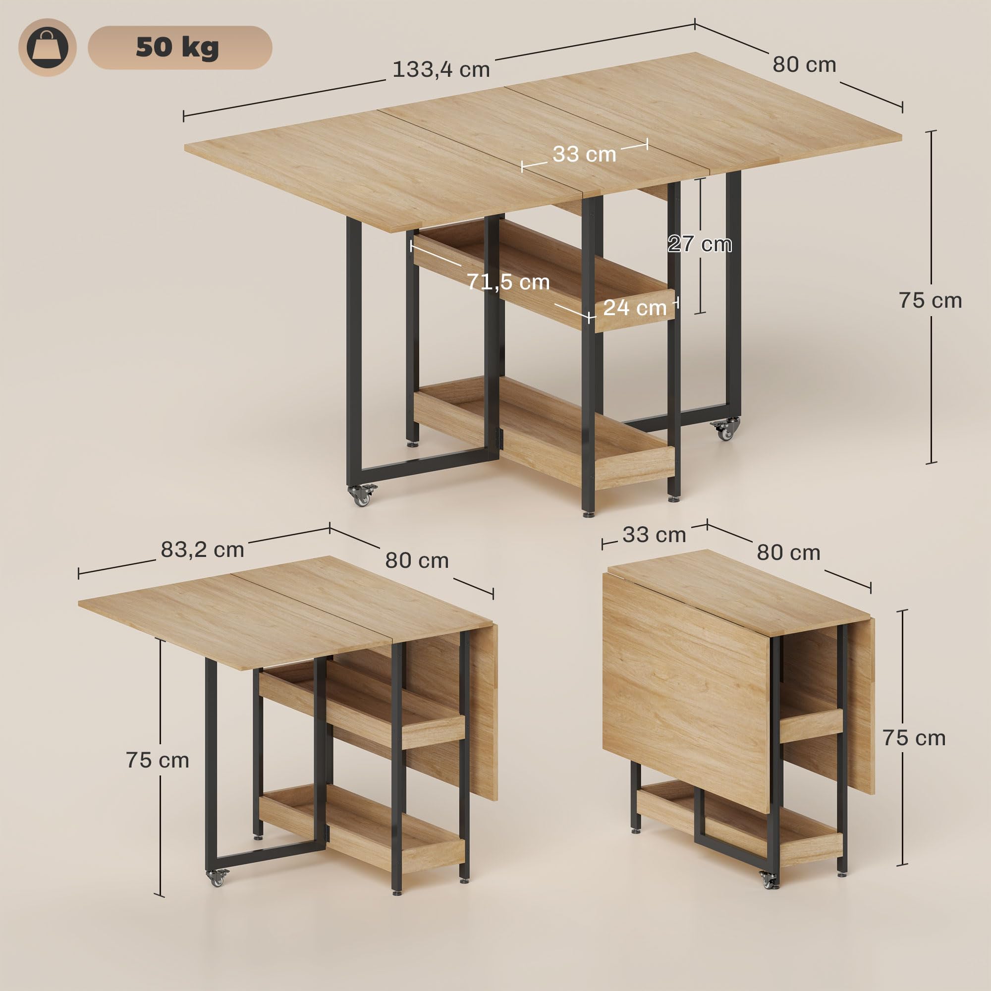 HOMCOM Table à Manger Pliante, Table Pliante Cuisine rectangulaire Extensible sur roulettes jusqu'à 4 Personnes avec Compartiments Ouverts, pour Petits espaces, Salle à Manger, chêne