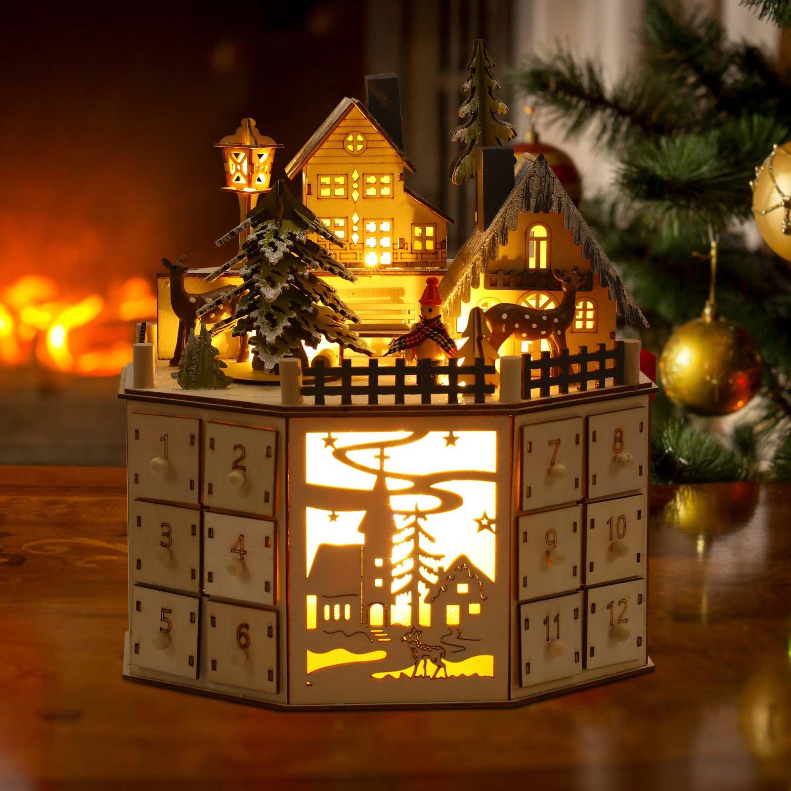 Adventskalender aus Holz, Weihnachts-Adventskalender mit Musik, elegante Weihnachtsdekoration – ein unvergessliches Geschenk für Büros und Häuser (gelb)