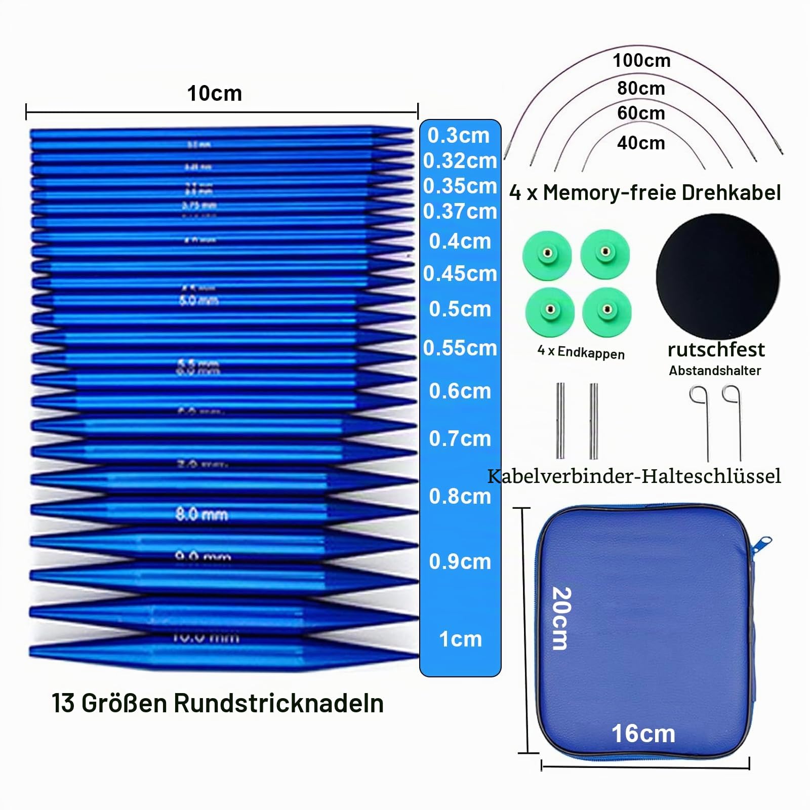 KOSLEOW Rundstricknadeln Set Austauschbar, 13 Paar Wechselnadelspitzen 3,0-10,0mm mit 40/60/80/100cm Rundstricknadel Kabel, Austauschbare Stricknadeln aus Aluminium, Blau, Aufbewahrungstasche