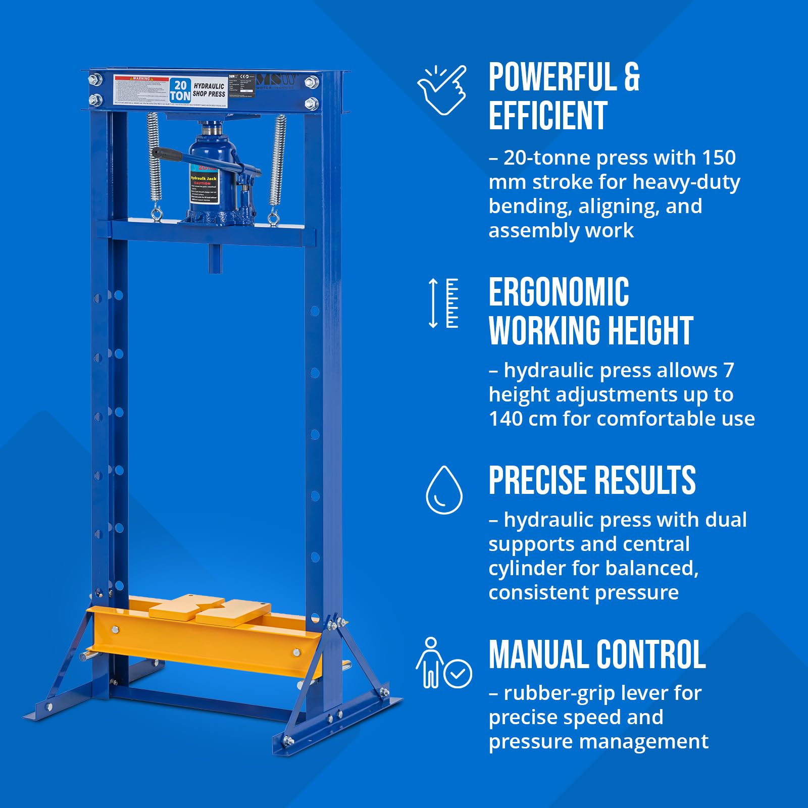 MSW - Prensa de taller de 20 t regulable en altura (7 posiciones), carrera: 150 mm, mesa: 600 x 190 mm, acero al carbono, prensa hidráulica, prensa hidráulica