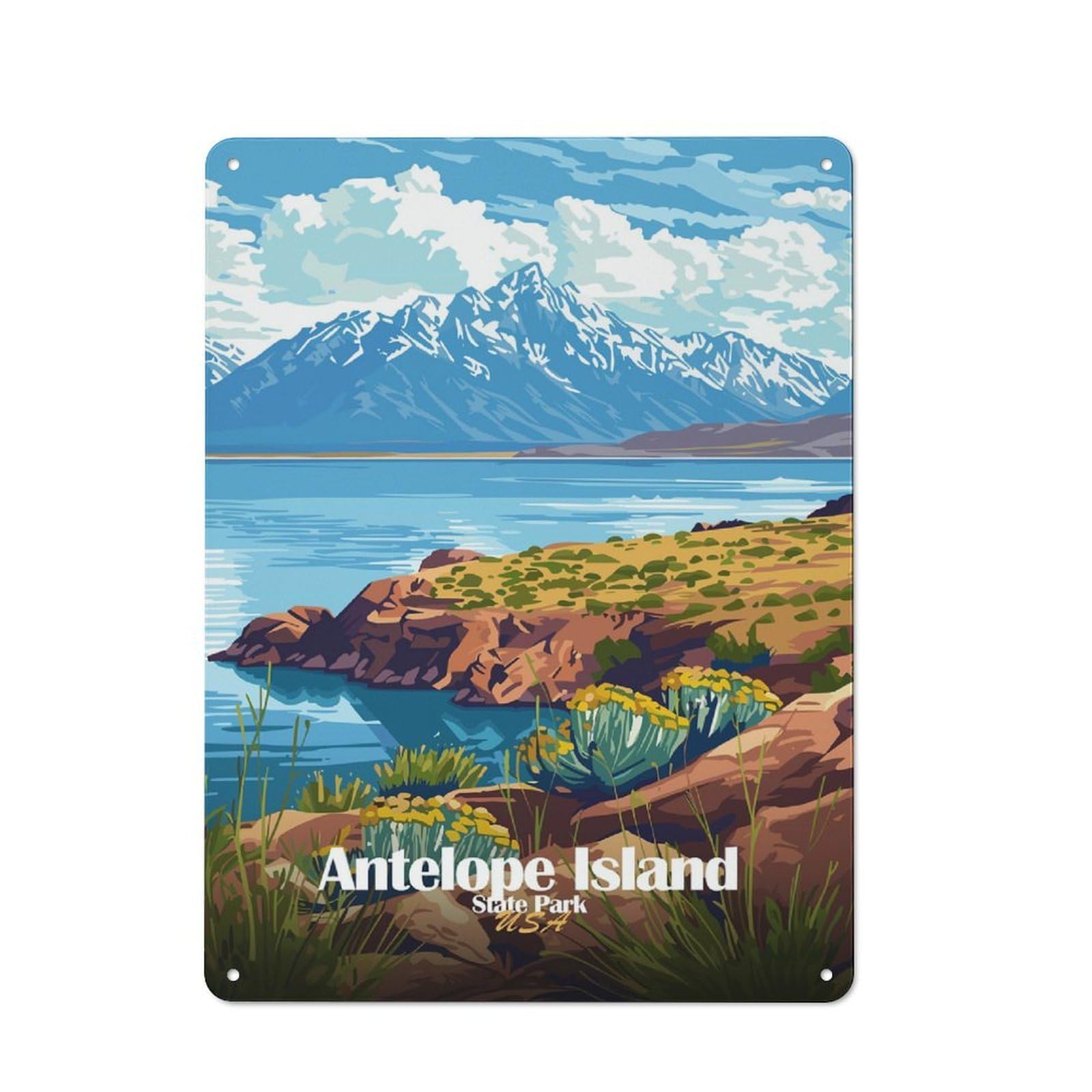 Junmoney Style-21 Antelope Island State Park Illustration Tin Sign 40X30cm For Home Bar Wall, Vintage Wall Decor, For Garage, Workshop And Man Cave Decoration