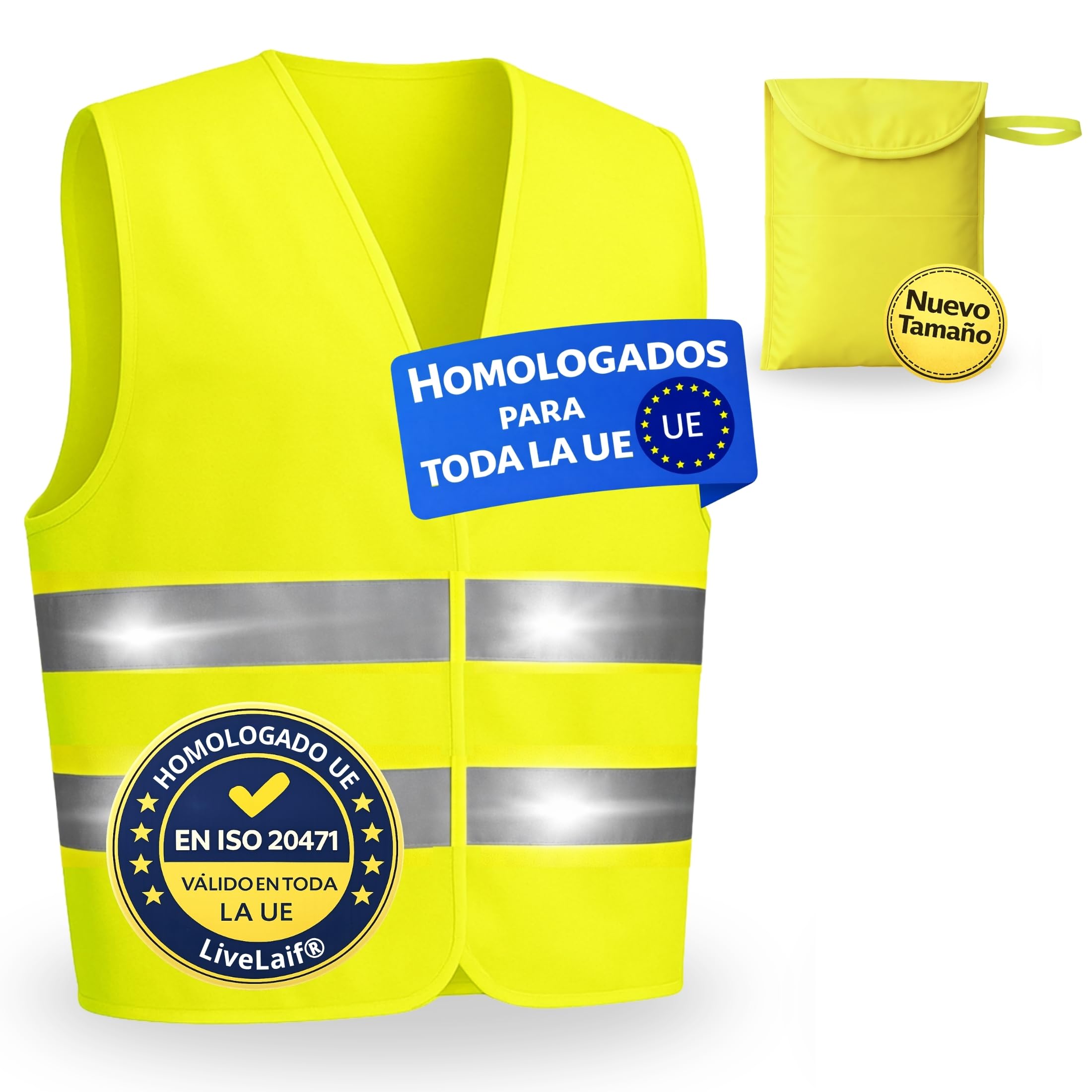 LiveLaif Pack 2 Chaleco Reflectante Homologado DGT ISO 20471 + 2 Fundas Grandes | Chaleco Trabajo Alta Visibilidad Amarillo | para Coche, Moto, Obra y Emergencias | Talla Única Unisex — view 9