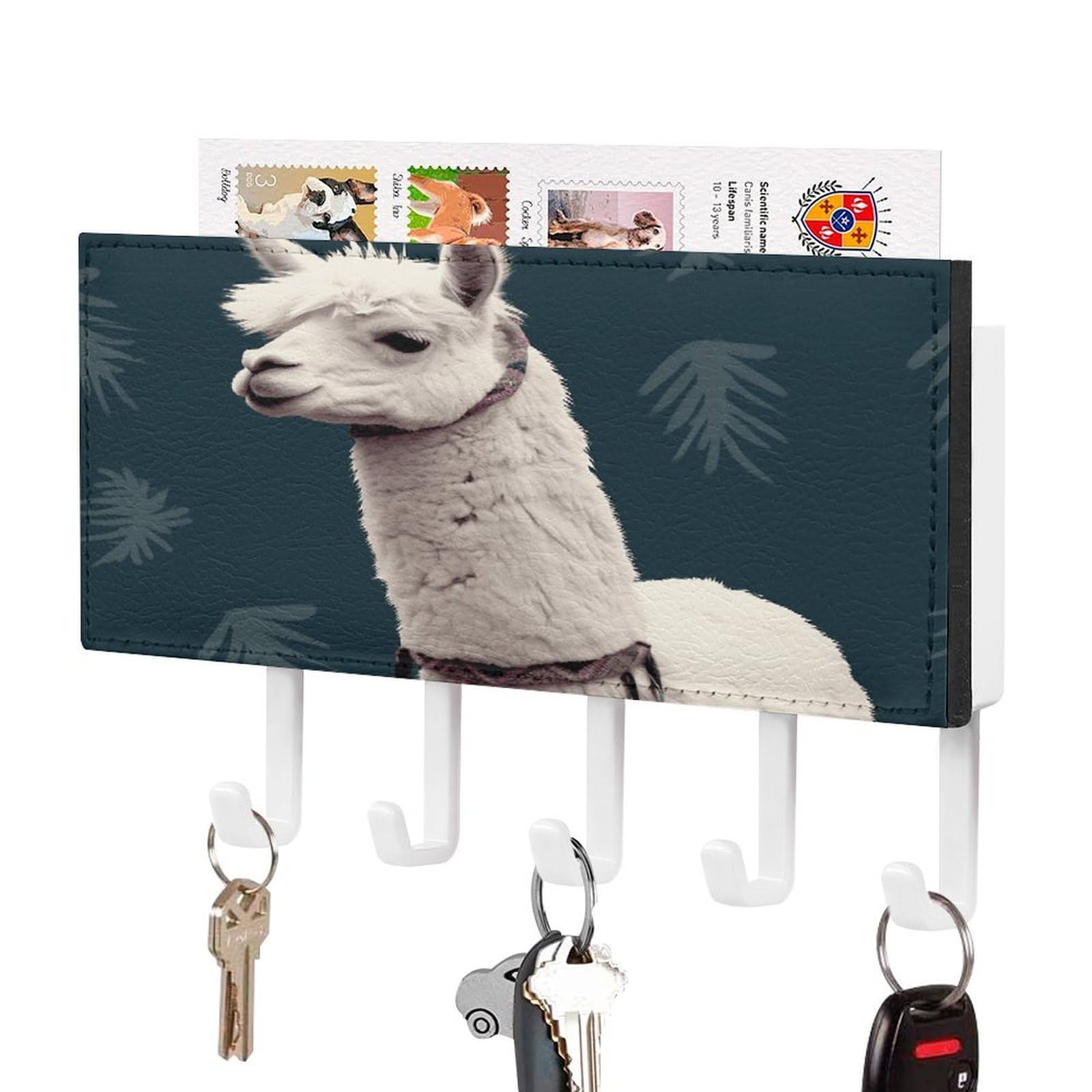 Vstadank White-Style Alpaca Llama Key Holder For Wall Mount With 5 Hooks Decorative Key And Mail Holder Farmhouse Wall Hooks With Shelf Pu Leather Key Rack With Mail Holders For Entryway Home