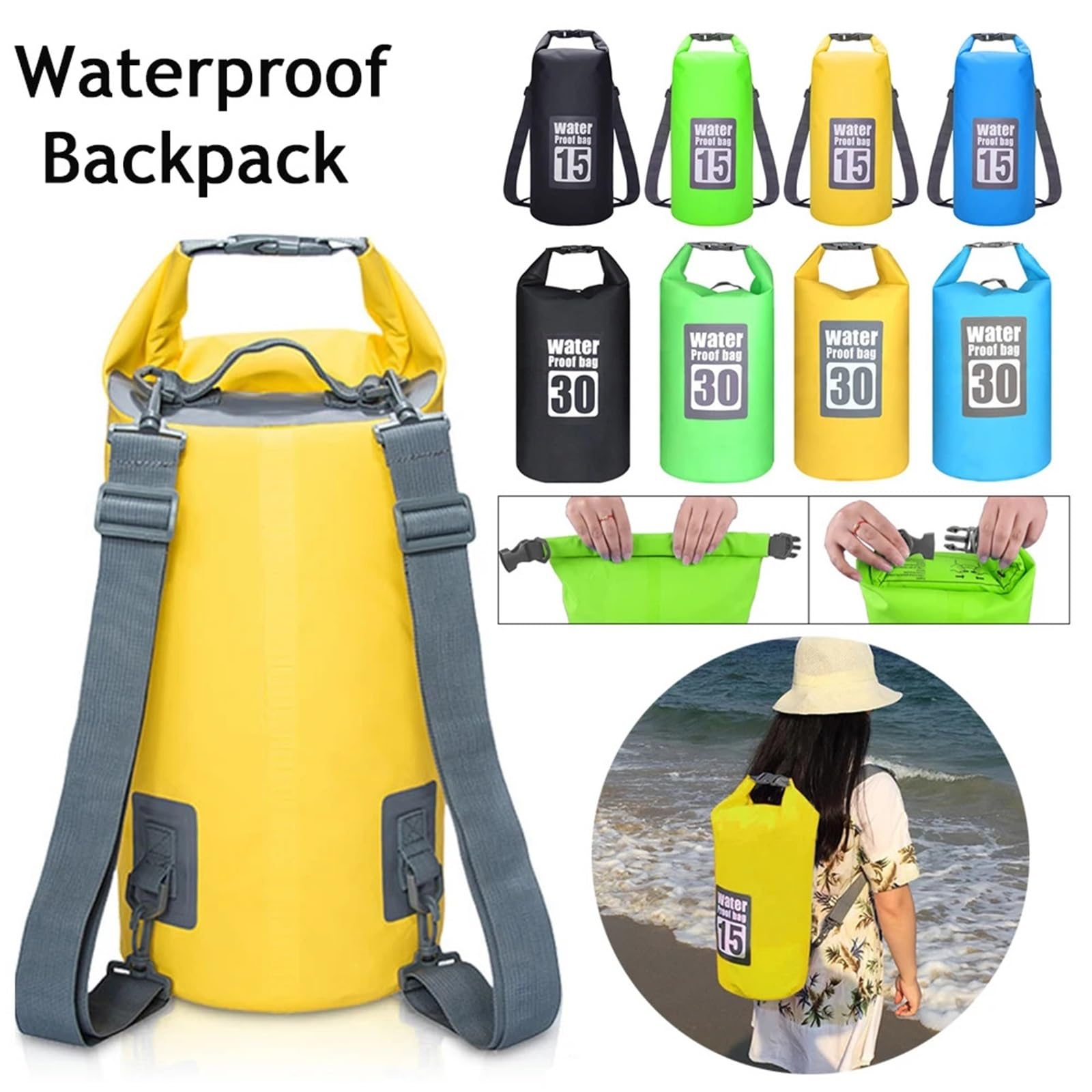 Borsa Nuoto Sacca galleggiante impermeabile per il nuoto all'aperto, con parte superiore arrotolabile, per kayak, rafting, canottaggio, trekking sul fiume(Yellow 30L)