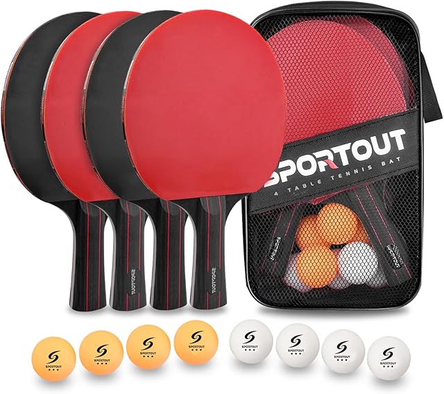 Sportout Table Tennis Set, Portable Table Tennis Bats and Balls, Ping Pong Paddle for Adult Table Tennis Racket Set with Compact Storage Case (4 Player Set)