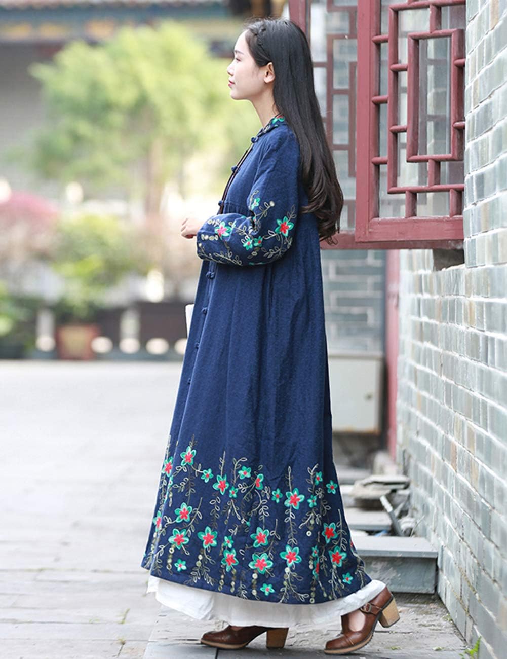 LUZU JUNU Women's Lightweight Long Trench Coat Hooded Windbreaker Jacket with Flower Embroidery