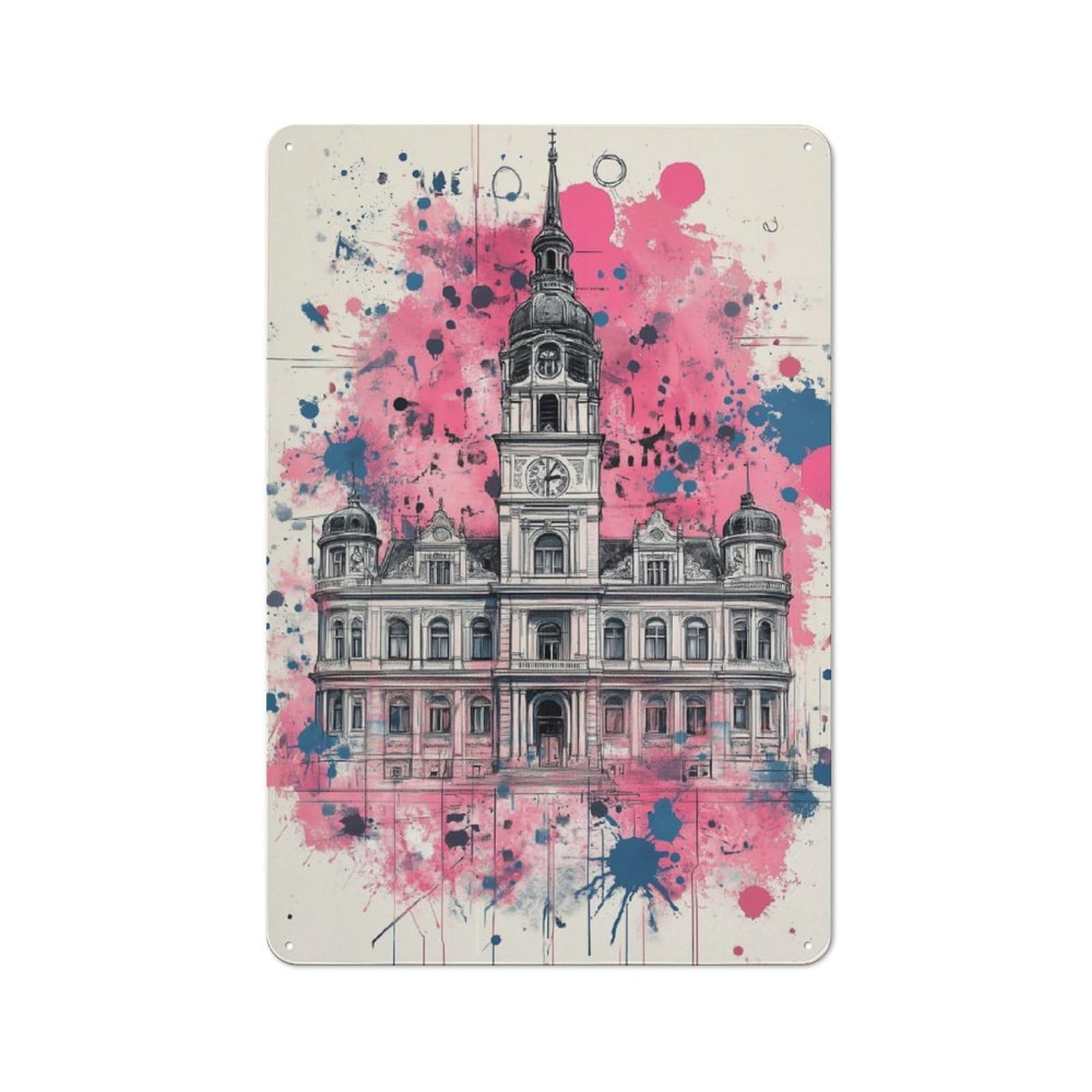 Junmoney Watercolor City Hall Metal Plaque 30X20cm With For Garage Wall, Retro Decor, For Garage Decor Collectors Refreshing A Room In Autumn