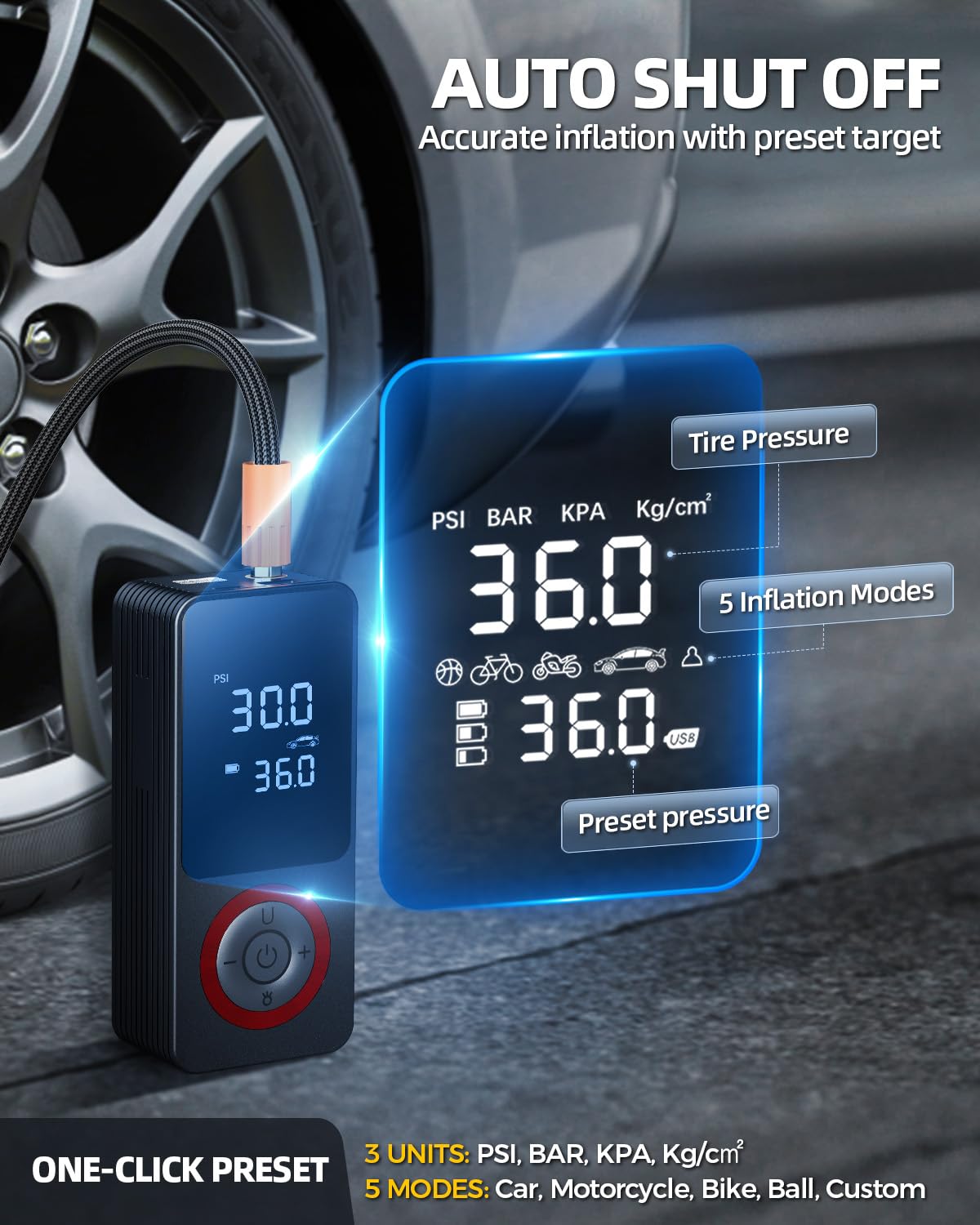Inflador de neumáticos, compresor de aire portátil, bomba de aire inteligente para neumáticos de coche con 3 modos de luz, medidor de presión digital, adaptador de corriente de coche de 12 V, caja de