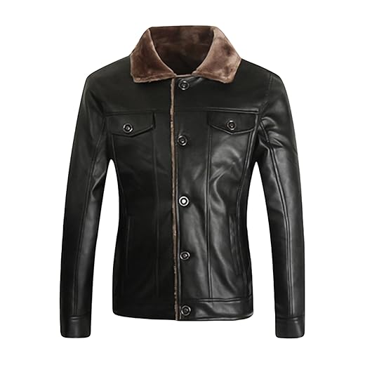 Letuwj Jaqueta bomber masculina de couro sintético com gola curta de pele sintética