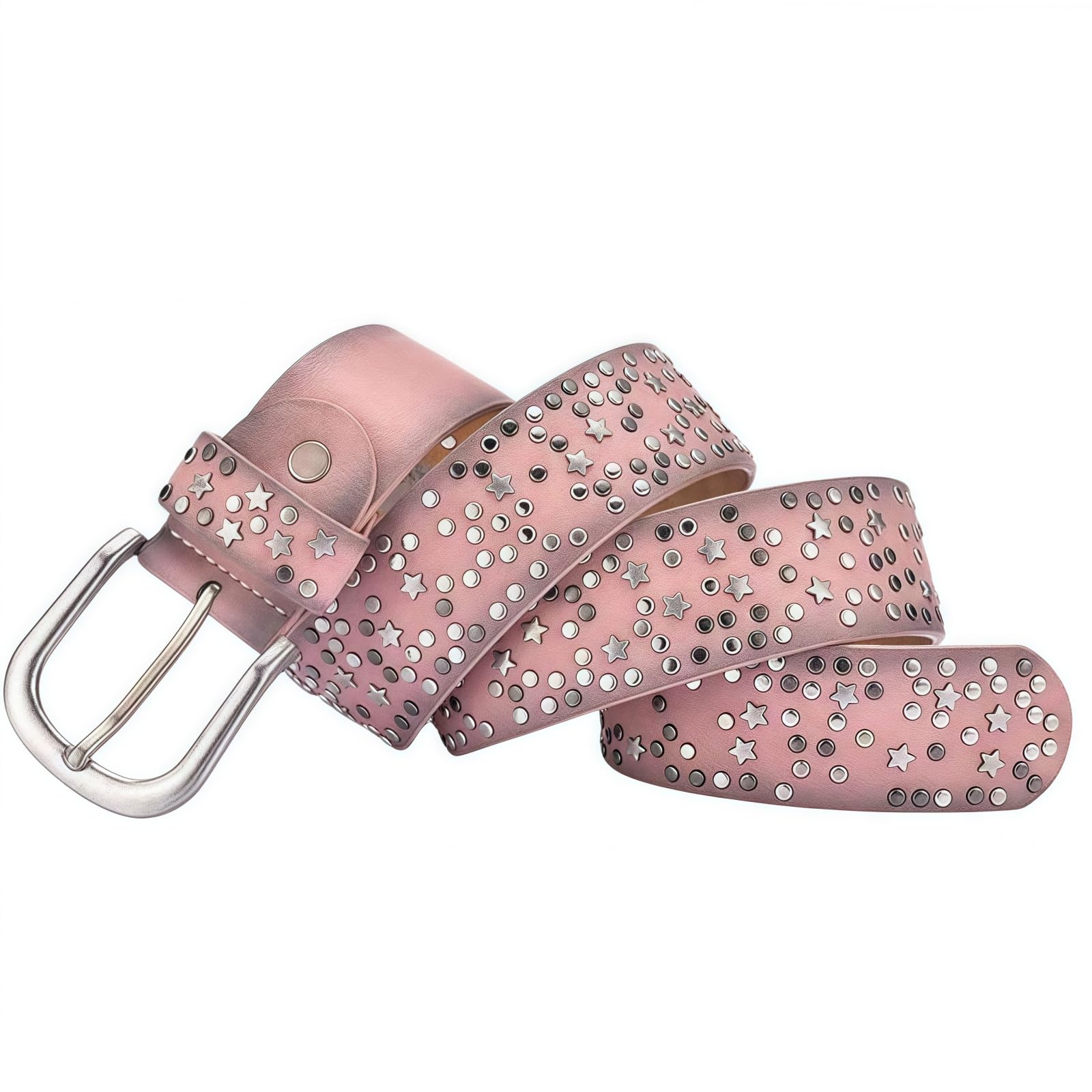 Ulalaza Women's 100003/110Cm/Pink Leather Belt ，Hollow Diamonds Rivets Waistband With Alloy Buckle Hollow Leather Belts