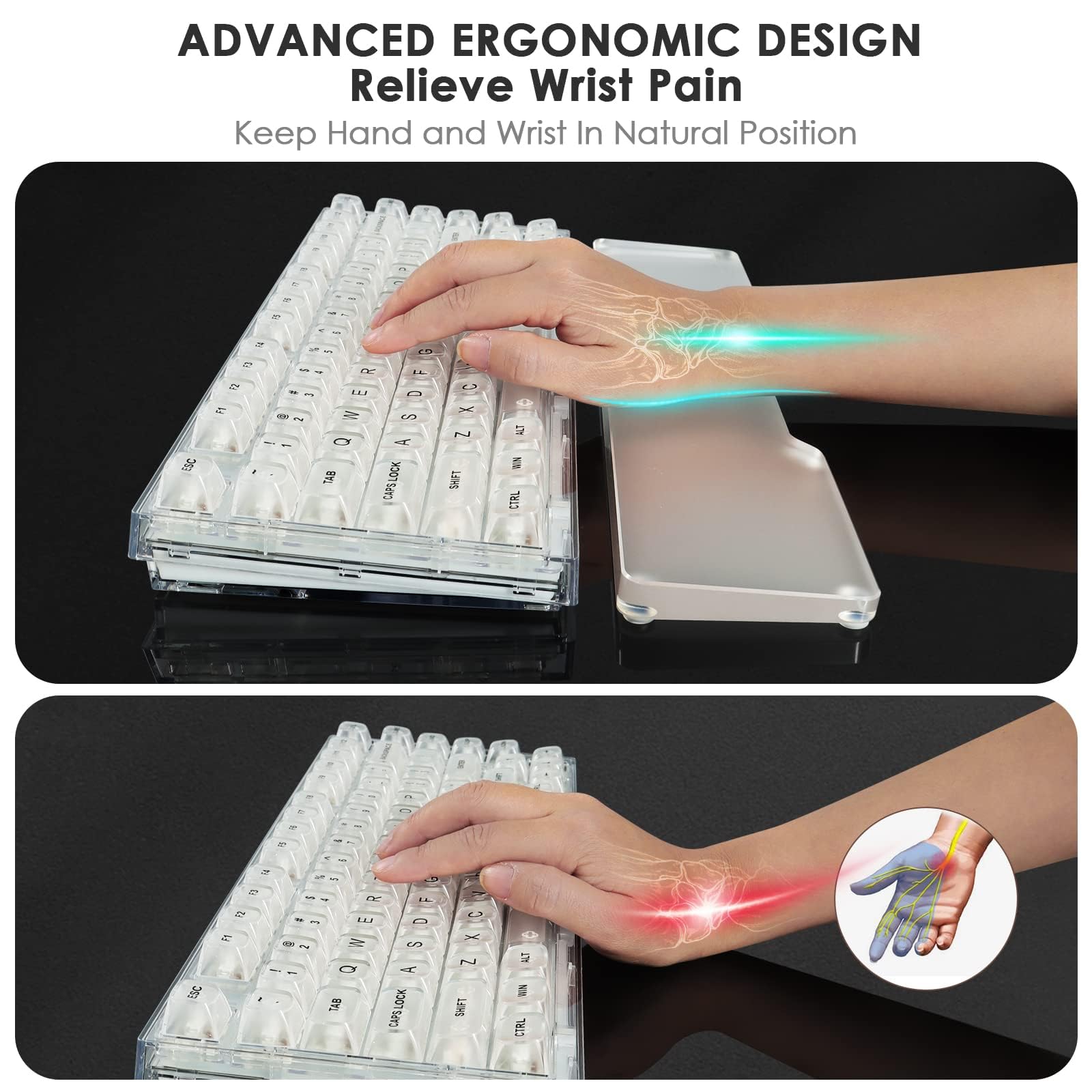 ATTACK SHARK Polssteun voor Toetsenbord van CNC-acryl, 61 Toetsen (60% Layout), Ergonomische Palmsteun, Antislip, Transparant Mat, voor Mechanisch Toetsenbord, Gaming en Kantoor