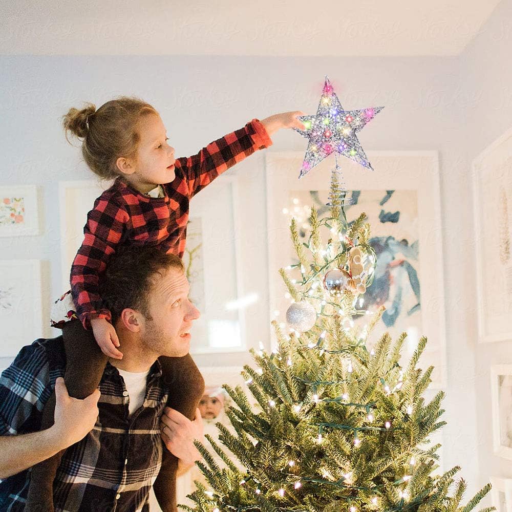Raxurt Christmas Tree Topper, 40 LED USB Lighted Star Tree Topper with Remote Control Christmas Decorations for Indoor Home Decor,11IN Large (Silver)