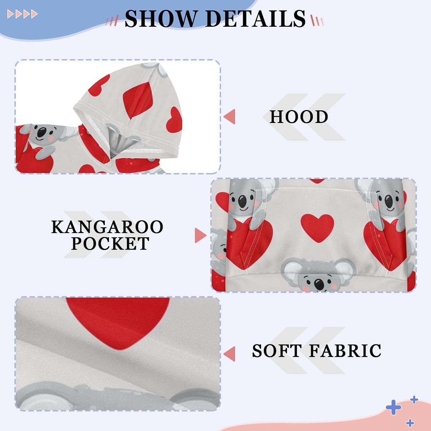 ZZXXB Koala Love Hearts Kids Sweatshirts Boys Girls Hooded Kangaroo Pocket Pullover Tops XS-XXL