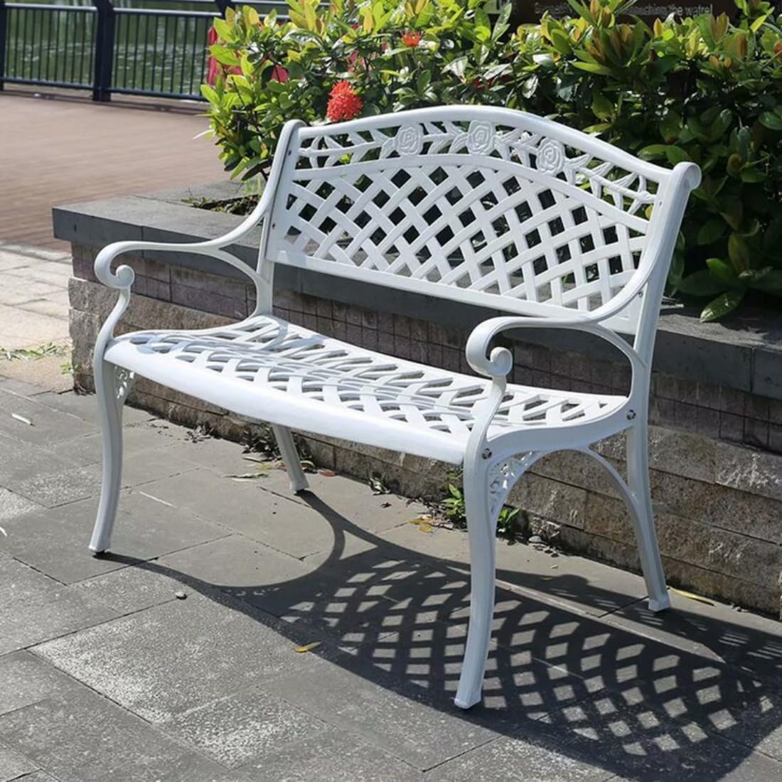 LITFAD White Patio Bench Simple Style Outdoor Park Bench with Curved Seat, Waterproof Metal Benches for Patio, Lawn, Yard, Porch, 39" L x 23.5" W x 34" H