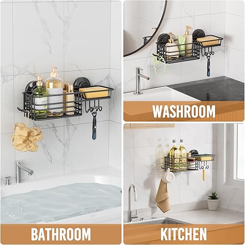 Miniatura 6 de LEVERLOC Cesta de ducha con ventosa, cesta de ducha con ganchos y jabonera para baño, organizador de ducha para baño sin perforación, color negro