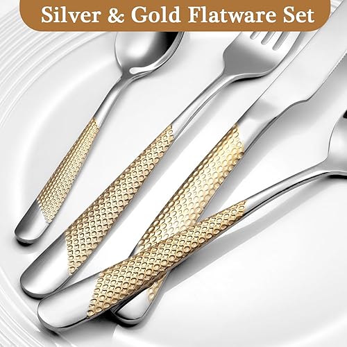 Miniatura 4 de Juego de cubiertos martillados dorados de 16 piezas para 4, juego de cubiertos de acero inoxidable de calidad alimentaria de alta calidad, diseño de