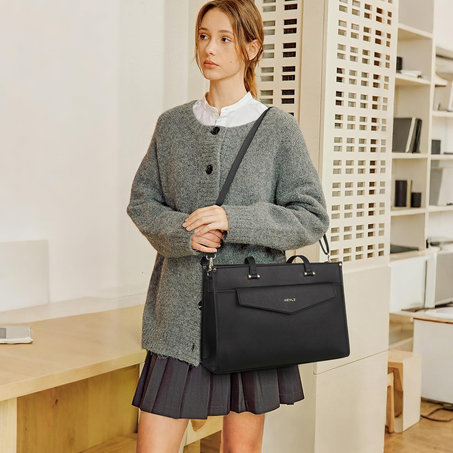 Keyli 3pcs Laptop Bag for Women 15.6 Inch Leather Work Tote Bags Professional Business Office Computer Shoulder Briefcase - Image 3