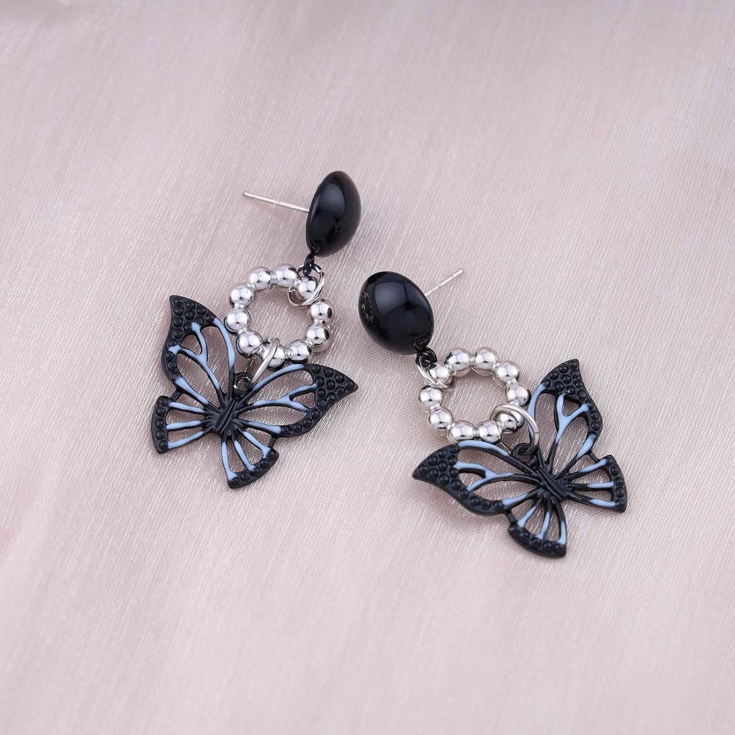 Boho Enamel Butterfly Earrings Black Butterfly Drop Earrings Vintage Onyx Round Stud Earrings Silver Circle Dangle Earrings Jewelry for Women - Image 6
