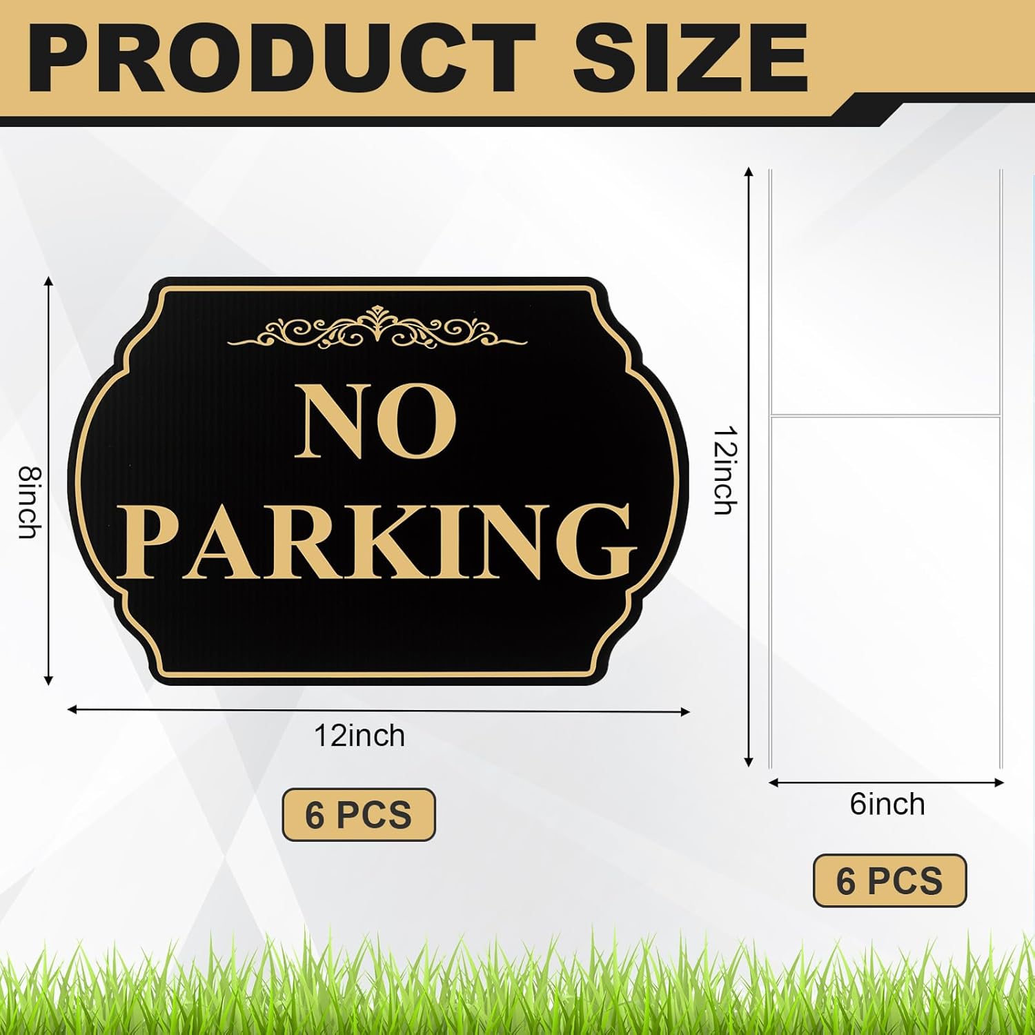 Juexica 6 Pcs No Parking Signs with Stand - 12" x 8" No Parking Yard Sign Double Sided, Heavy-duty Metal, Weatherproof & UV Protected for Driveway, Private Property(Gold Black)