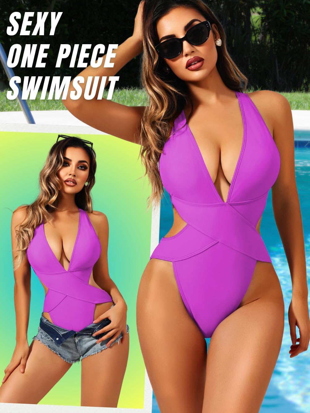 Sexy One Piece Swimsuit,Plunge Backless Color Block Swimsuits for Women,High Cut Scrunch Butt Monokini Beach Pool - Image 2