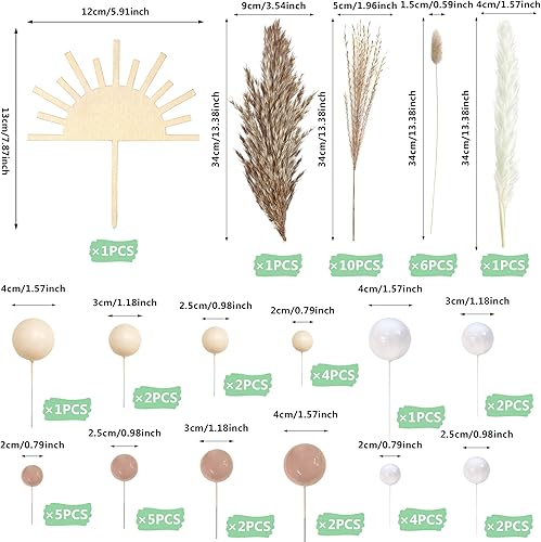 Miniatura 2 de 51 adornos bohemios de madera para tartas de sol, mini bolas, decoración para tartas de pampas, varios pastos secos de pampas, cola de conejo,