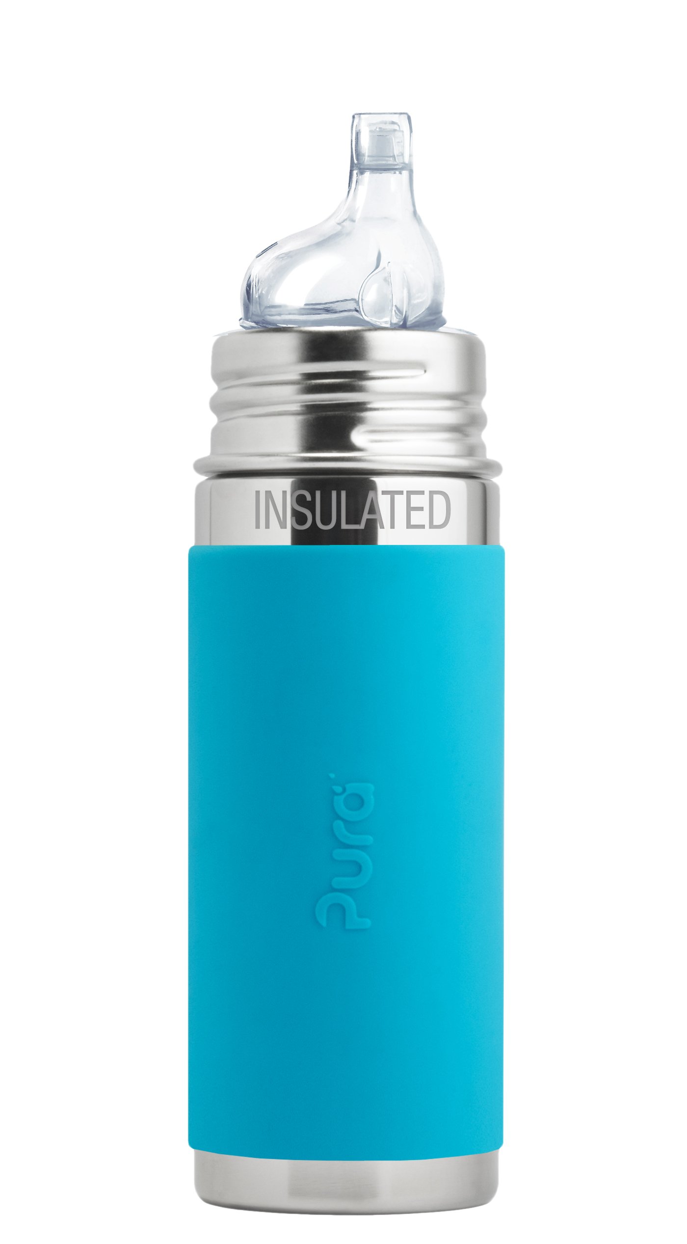Pura Kiki 9oz/260ml Stainless Steel Insulated Sippy Bottle w/Sleeve, Plastic-Free, MadeSafe Certified, Medical-Grade Silicone Sipper Spout Fast Flow Rate for Kids, Toddlers, Babies & Infant – Aqua