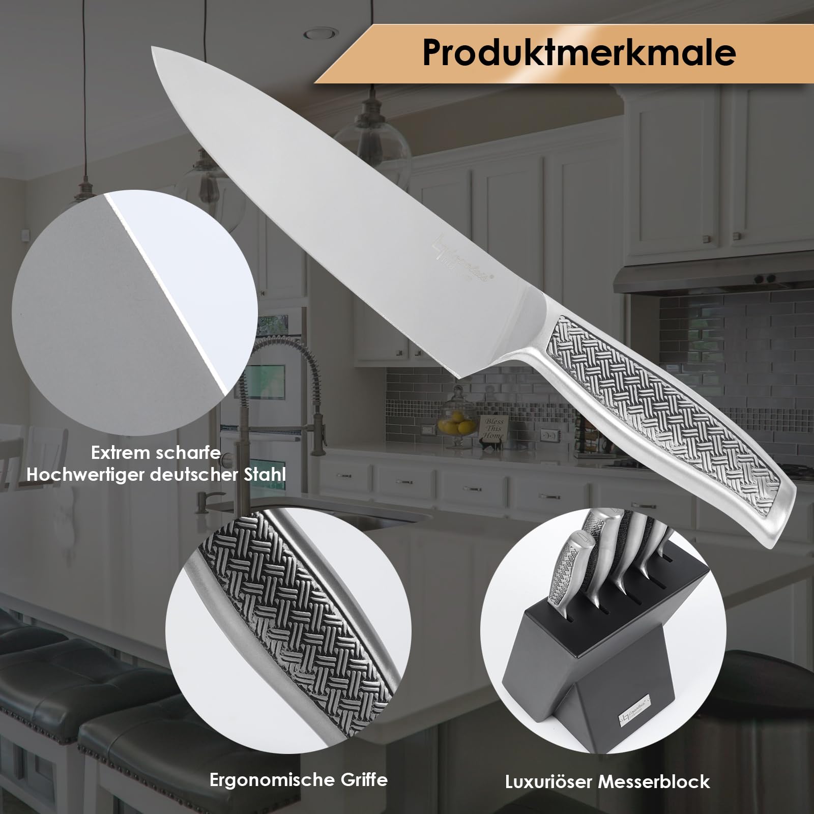 Titanium 5-Częściowy Zestaw Noży Kuchennych - Drewniany Blok, Wysokiej Jakości Stal Nierdzewna, Powłoka Tytanowa, Ostre Ostrza