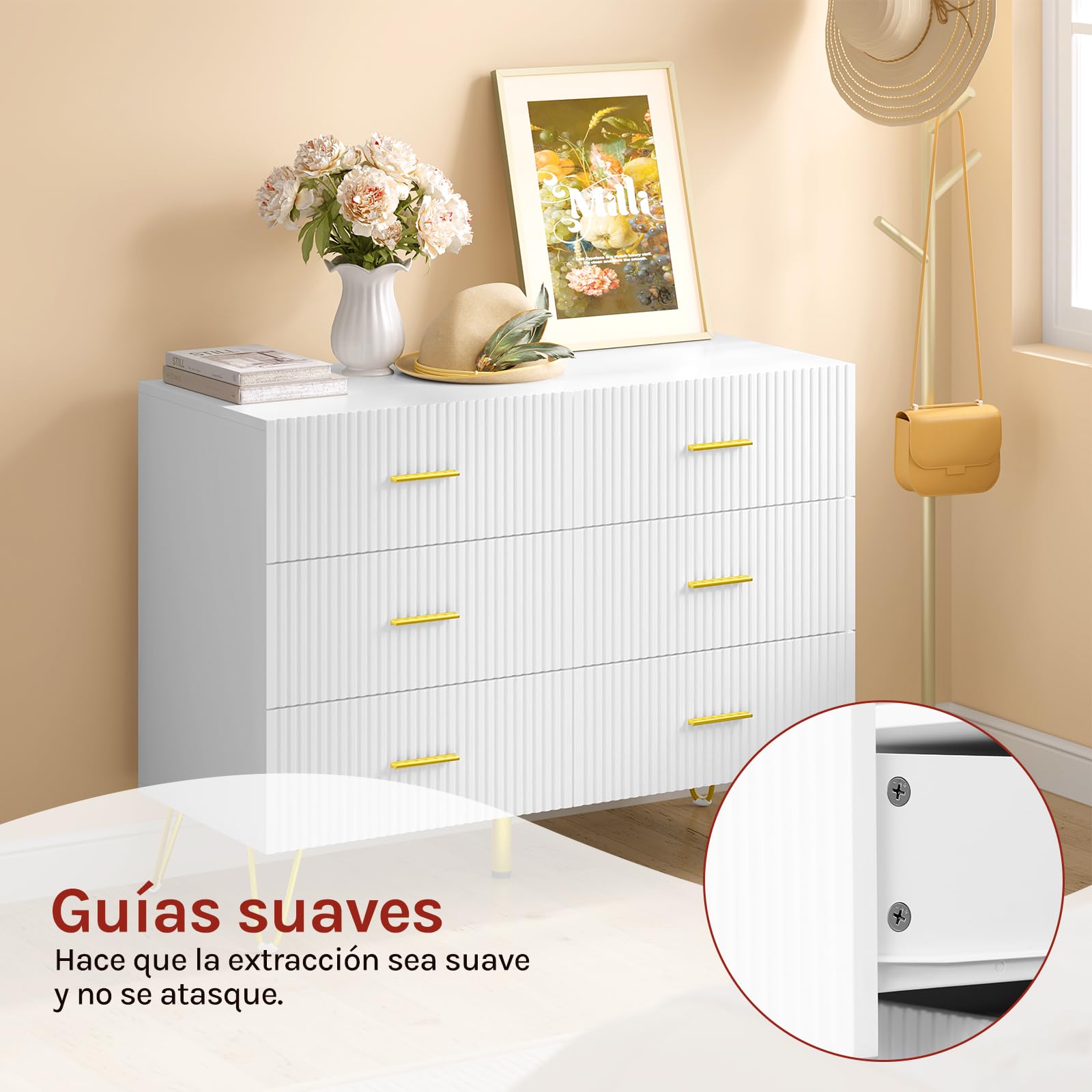 WOLTU Cómoda Blanca de 6 Cajones | Con Patas Doradas, para Dormitorio y Salón, 100x40x75 cm