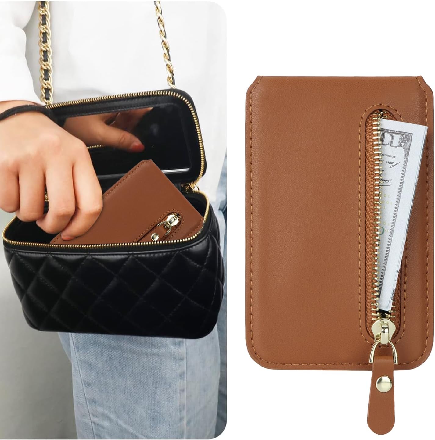 Cavor Compatible with Magsafe Wallet, Adjustable Stand,Magnetic Wallet for iPhone 17/16 Pro Max/15/14 Plus/13/12 Magsafe Card Holder Magsafe Phone Card Holder Zipper Pocket-Brown - Image 4