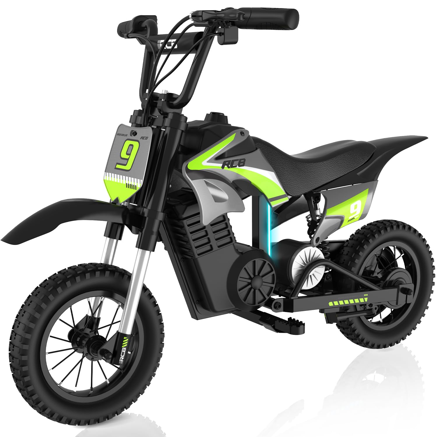 RCB R9X PRO Kids Ride On Motorcycle, Electric Motorbike with 350W Motor, 6.2/9.3/15.5mph Speed Modes & 9.94Miles Long Range, Ambient lighting, Dual Suspension, 12" Motor Cross for Kids Aged 6+