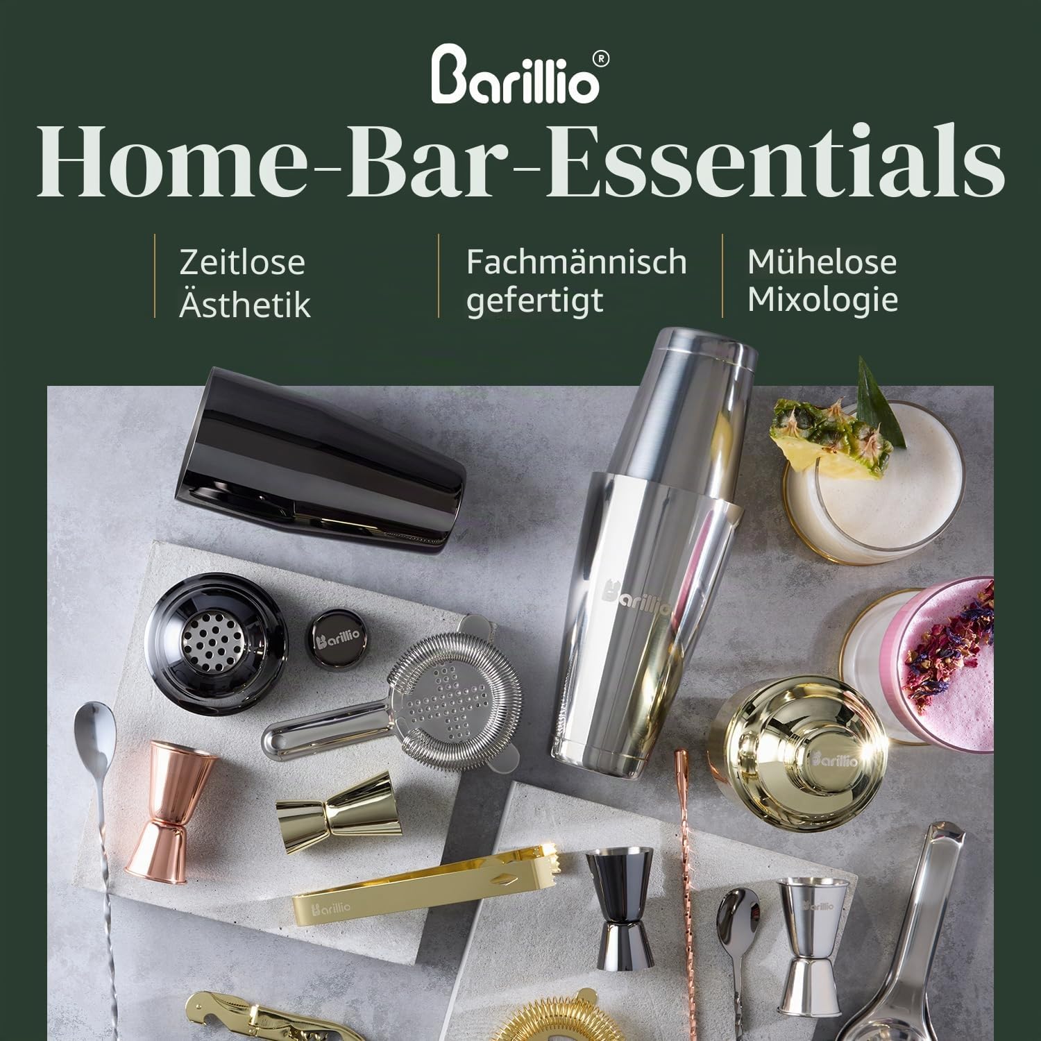 Barillio Bar-Werkzeug-Set Pro Edition – Cocktail-Shaker-Set aus Edelstahl – Mixology Barkeeper-Set mit Boston Shaker, Getränkemixer und Stößel für Cocktails – Home Bar Zubehör – 32-teiliges Bar-Set