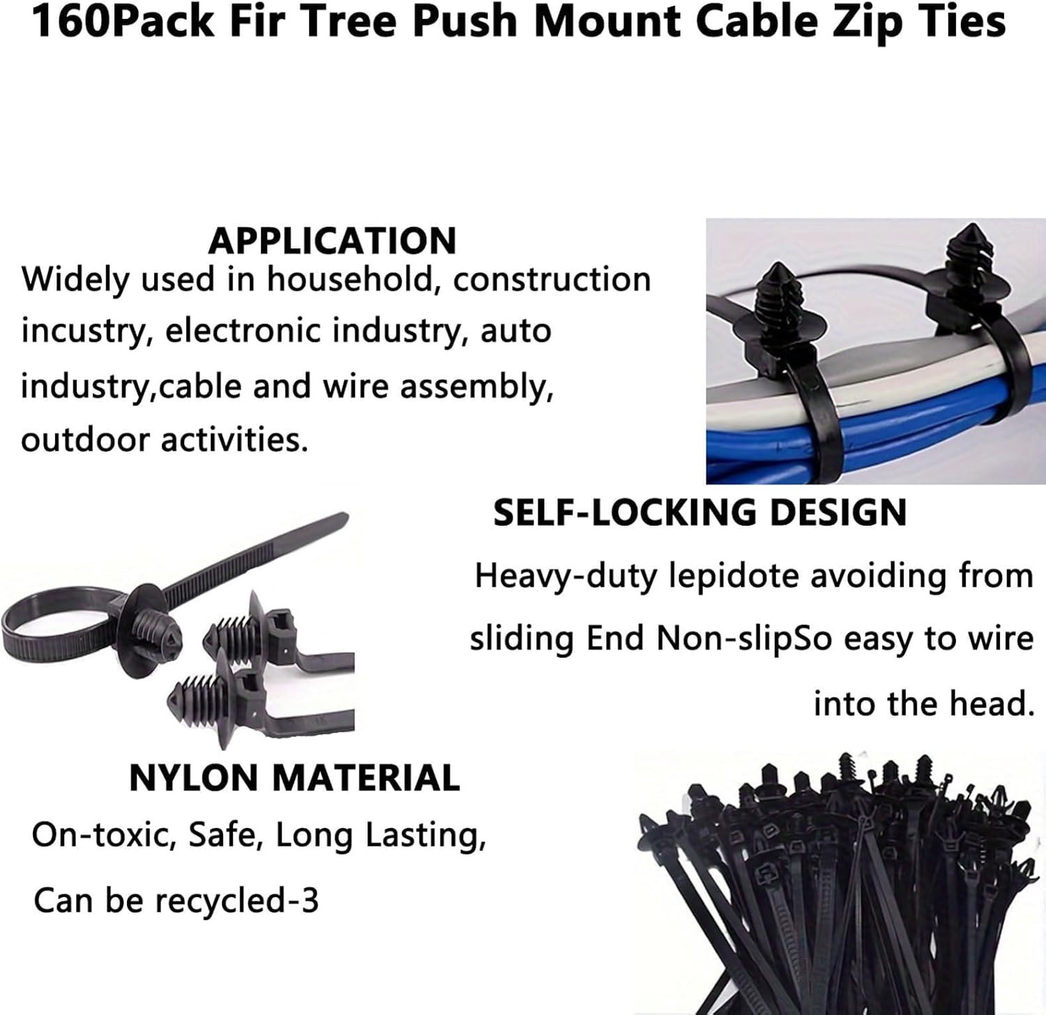160 Pcs Universal Nylon Push Mount Cable Zip Ties, Self-Locking Heavy Duty Wire Ties Assortment Kit, 5 Sizes UV Resistant for Automotive Wiring Harness, Indoor Outdoor Electrical Cable Management