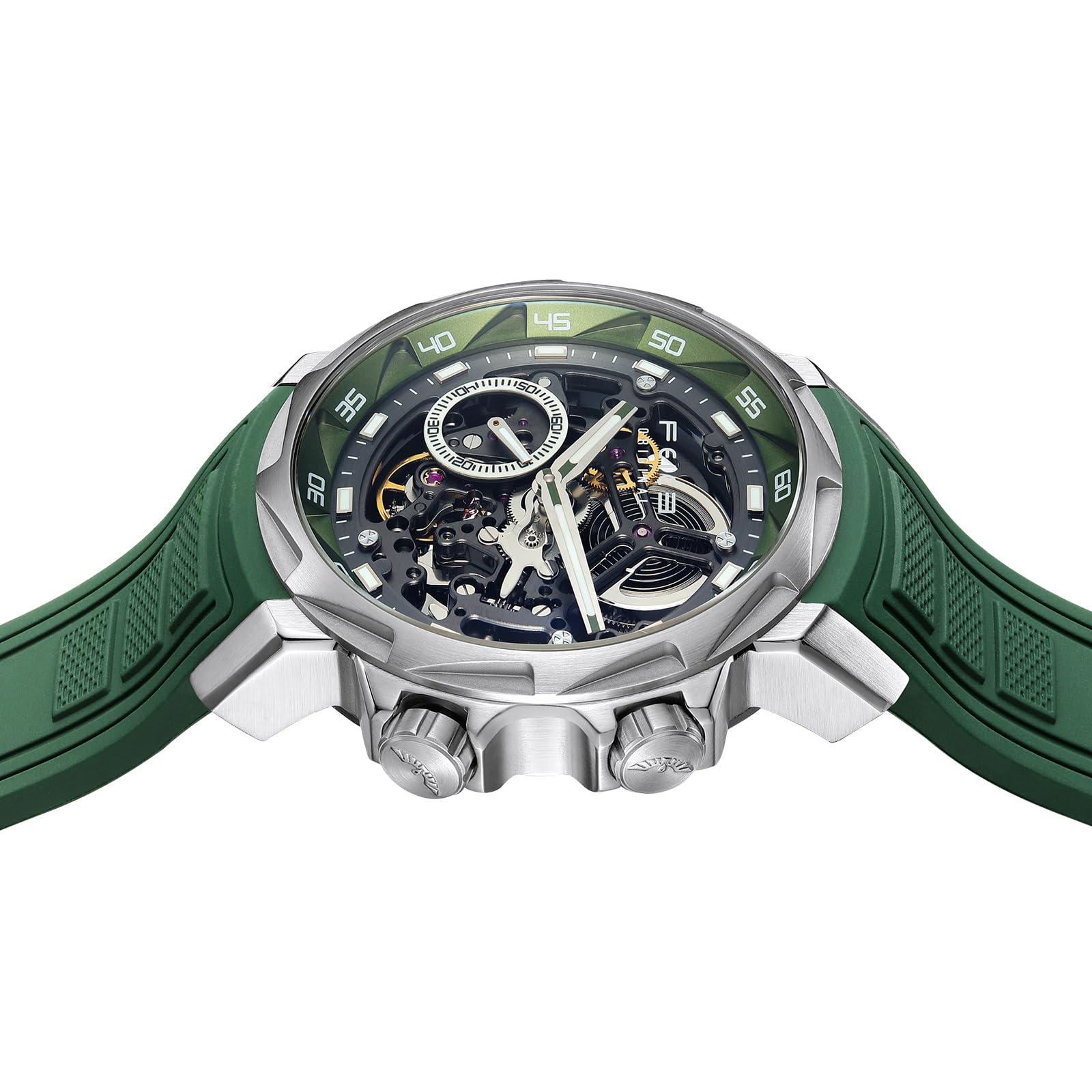 FEICE Orologio Automatico Uomo Orologio Scheletro Vetro Zaffiro con Cinturino Gomma Verde Acciaio Inossidabile Cassa 46mm FM511
