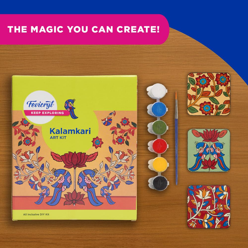 Fevicryl Kalamkari Mini Art Kit | All-Inclusive DIY Kit with Wooden Coasters, Acrylic Colours, Brush l Paint Your Own Coasters | for Artists, Students, Hobbyists & Gifting | Ideal for Age 14 + 2