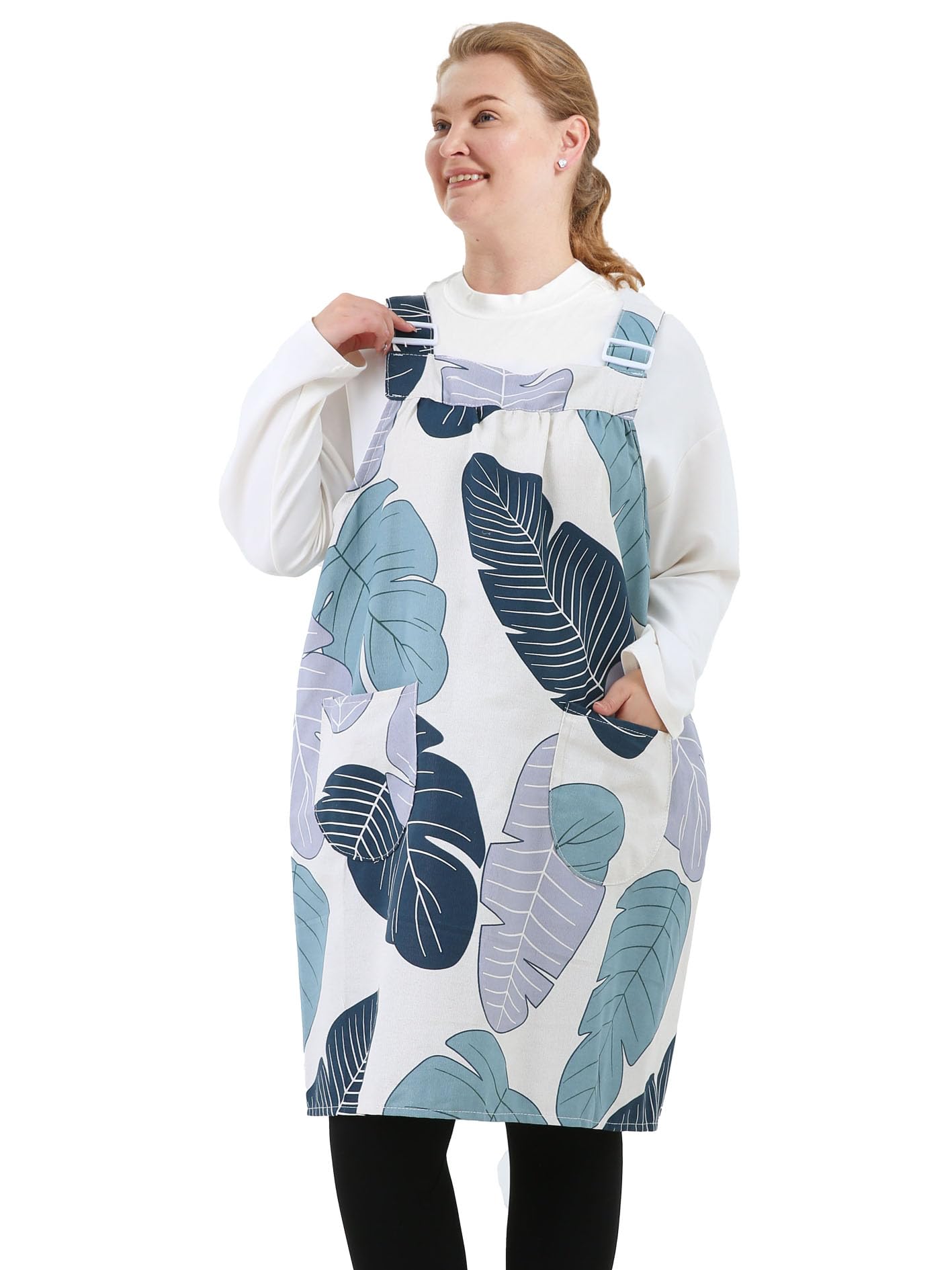 APRONNER No Ties Plus Size Aprons for Women with Pockets Cotton Linen Baking Kitchen Cooking, Banana Leaf, One Size Fits All