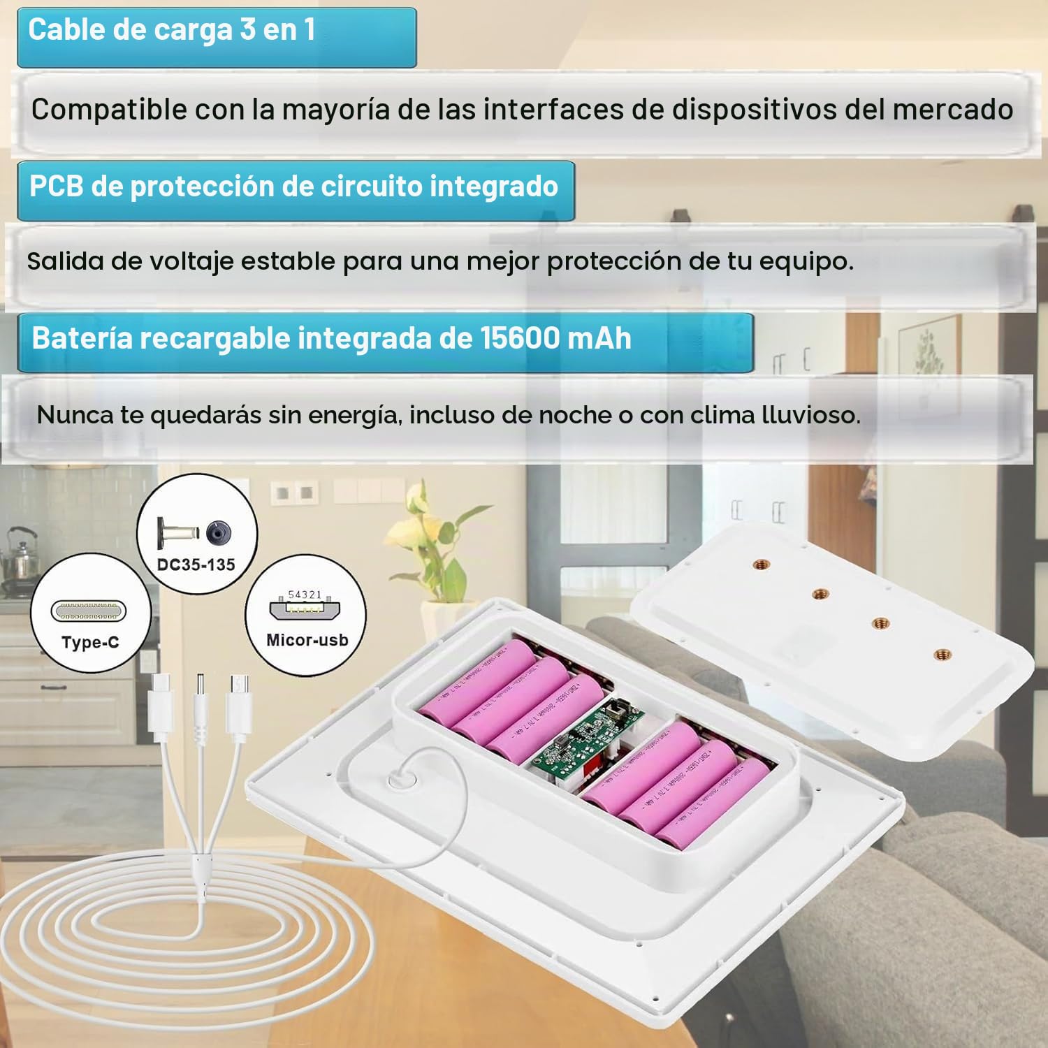 Panel solar de 9W/5V con batería recargable integrada de 15600mAh, con cable de carga 3 en 1 de 5pies (micro USB, tipo C y conector DC3.5 x 1.35) para cámaras de seguridad y otros dispositivos
