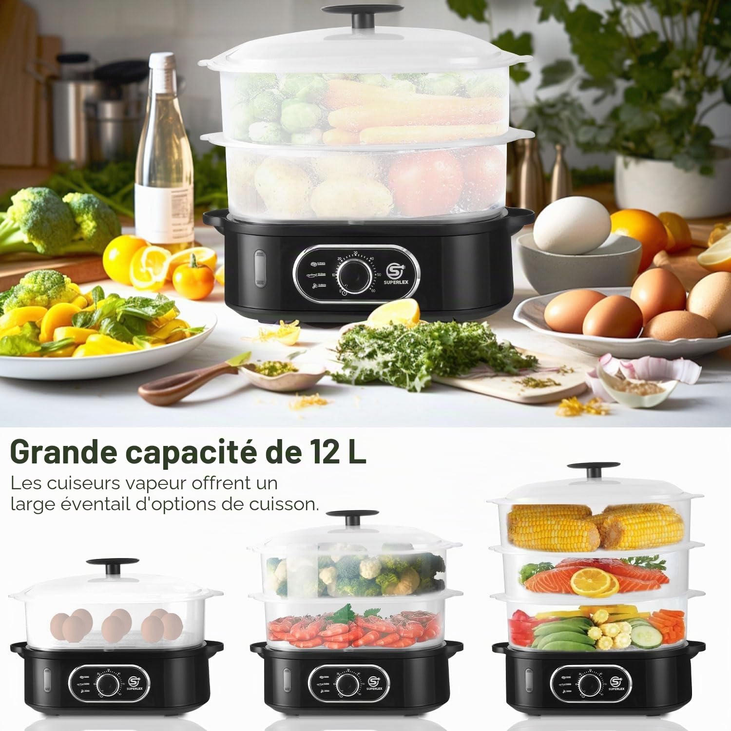 Cuiseur vapeur électrique à 3 niveaux, cuiseur à la vapeur pour légumes avec une capacité de 12 l, 3 bols de cuisson amovibles et couvercle, minuteur de 60 minutes, arrêt automatique, sans