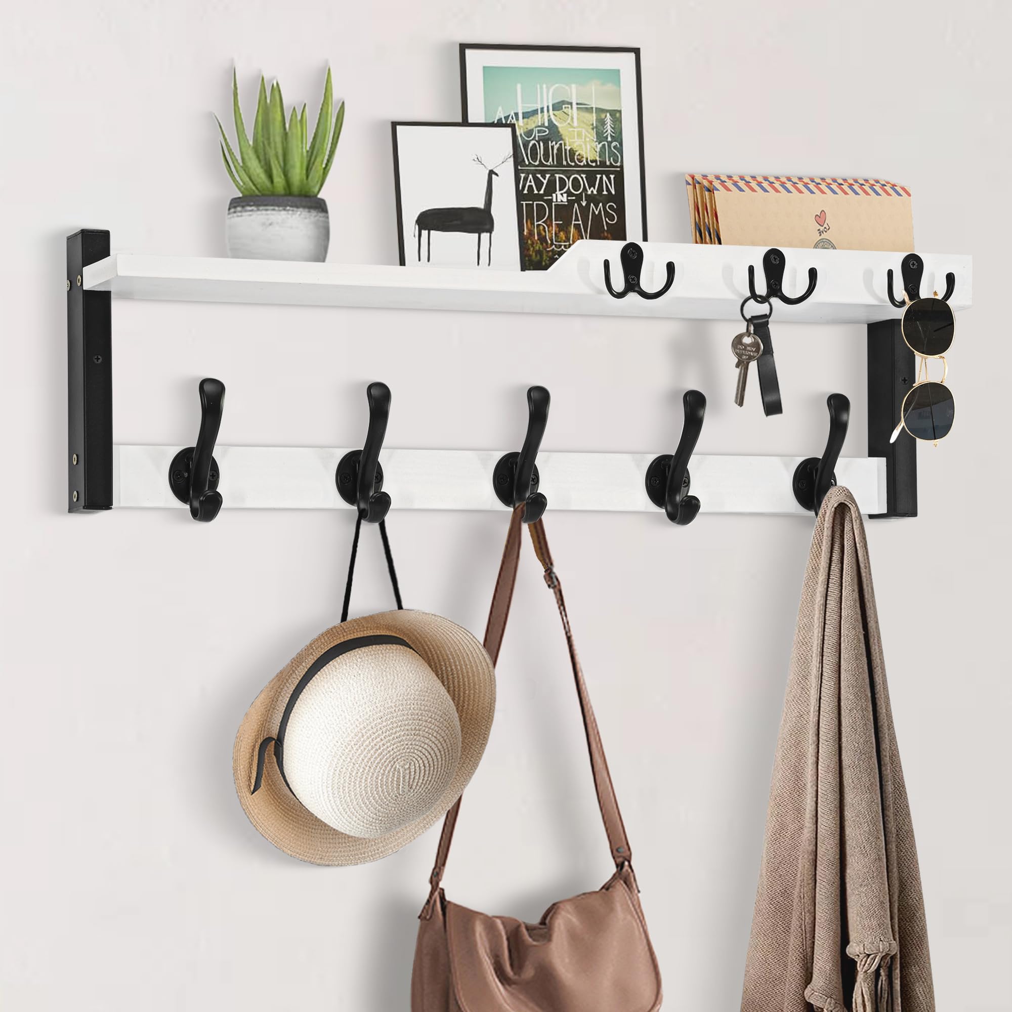 4 in 1 Coat Rack Wall Mount with Shelf, Coat Hooks 25.2" Entryway Coat Hanger with Key Hooks and Mail Holder, Wall Hooks with Shelf, Hat Rack for Wall Key Holder Mail Organizer
