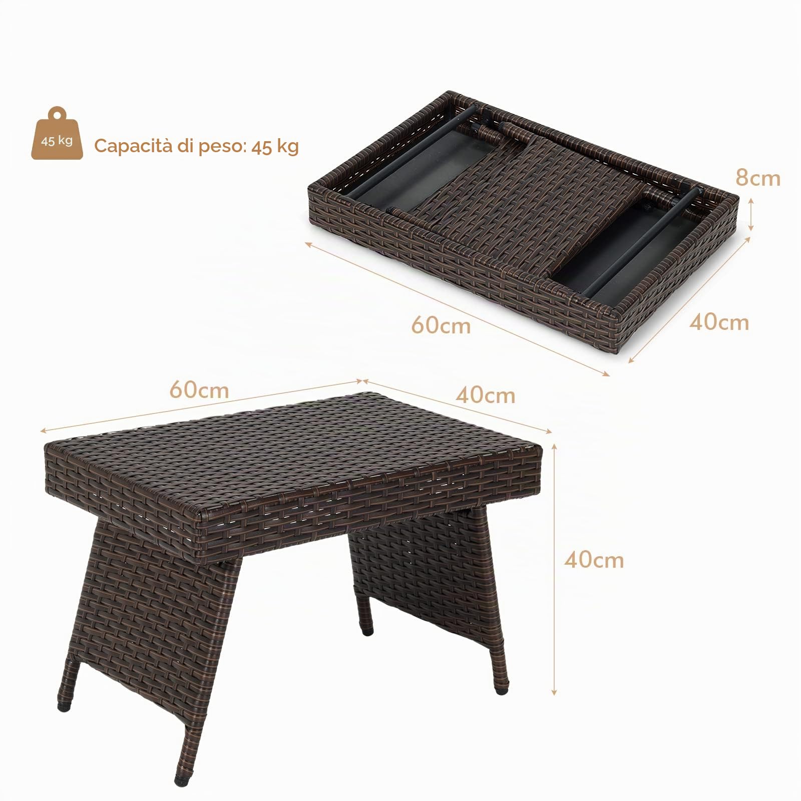LIFEZEAL Tavolino da caffé, in Rattan PE, Tavolino per Salotto da Giardino Esterno, 60 x 40 x 40 cm, Tavolo Piccolo e Pieghevole, mobili Salvaspazio portile, per Terrazza Balcone e Patio, Marrone