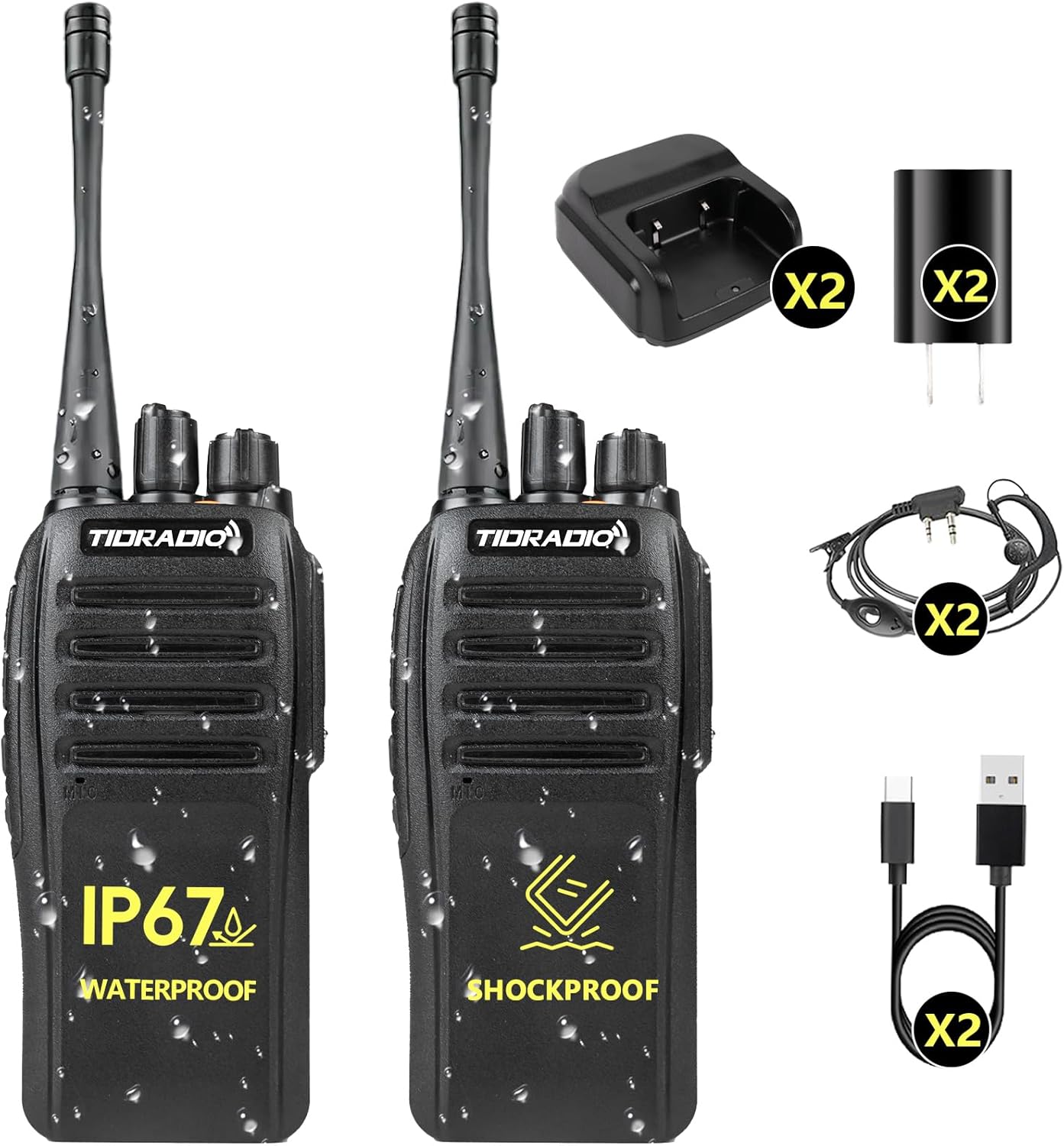 TIDRADIO 10W Heavy Duty Rapid Walkie Talkies IP67 Waterproof Two-Way Radios Long Range, Advanced Triple Proof, 2500mAh,16 FRS Channels,