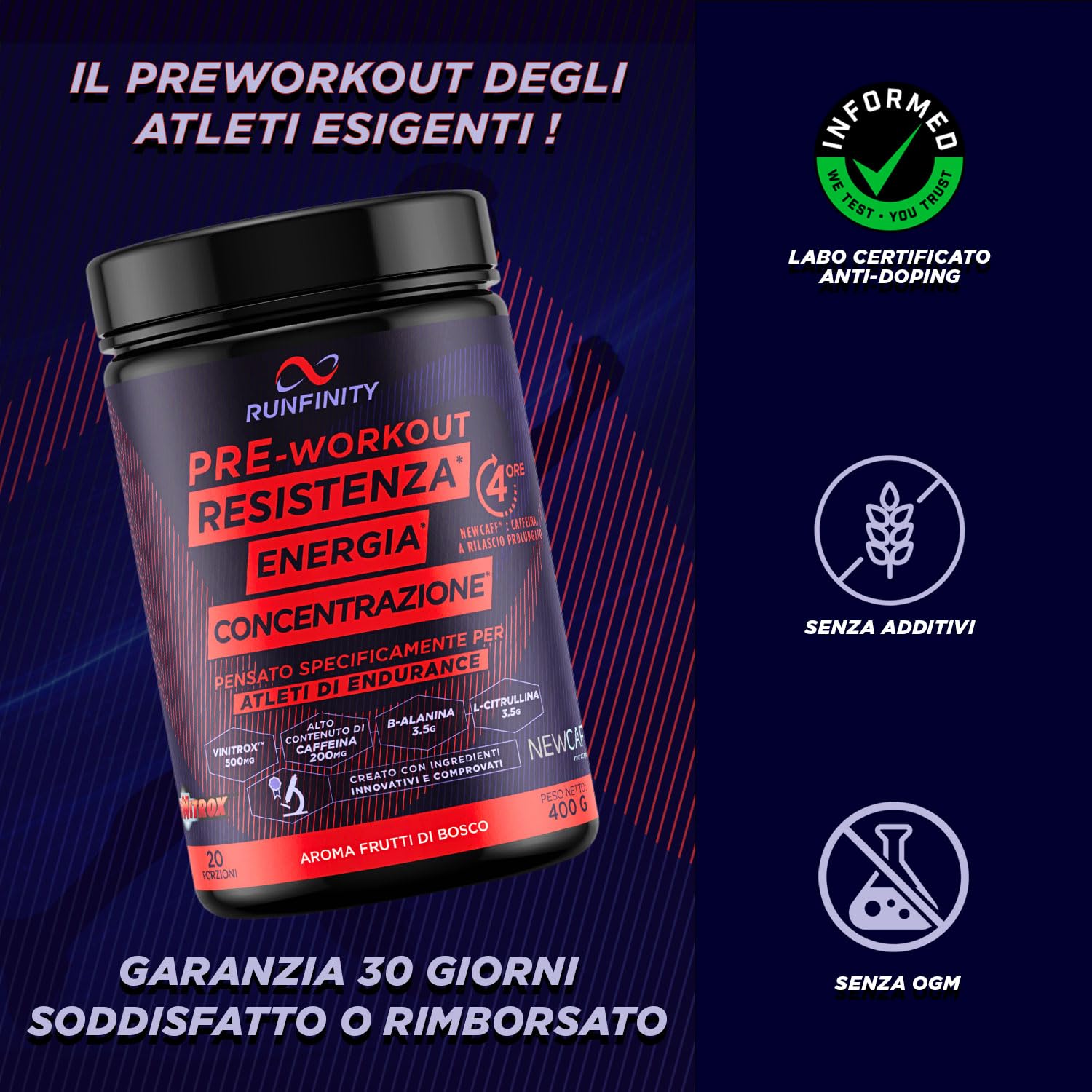 Pre Workout Runfinity – Booster di Energia a Lunga Durata: 4 Ore di Efficacia – Prestazioni Massime – Resistenza, Potenza & Concentrazione – Formula Premium con Ingredienti Brevettati