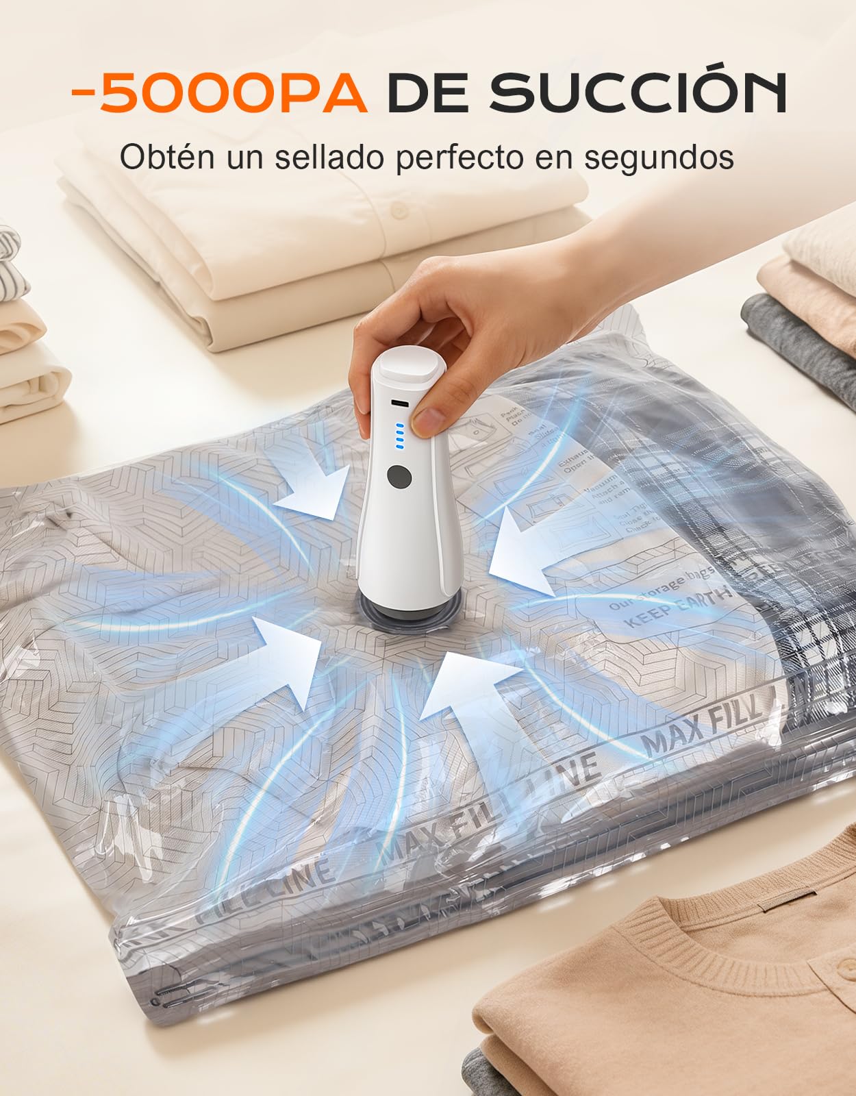 CIRYCASE 15 Piezas Bolsas Vacio Ropa con Bomba Eléctrica Recargable Inalámbrica [-5000PA de Succión], Bolsas Almacenaje Ropa Portátil para Viaje y Hogar, Saco de Vacio Reutilizable para Mantas y Ropa — view 4