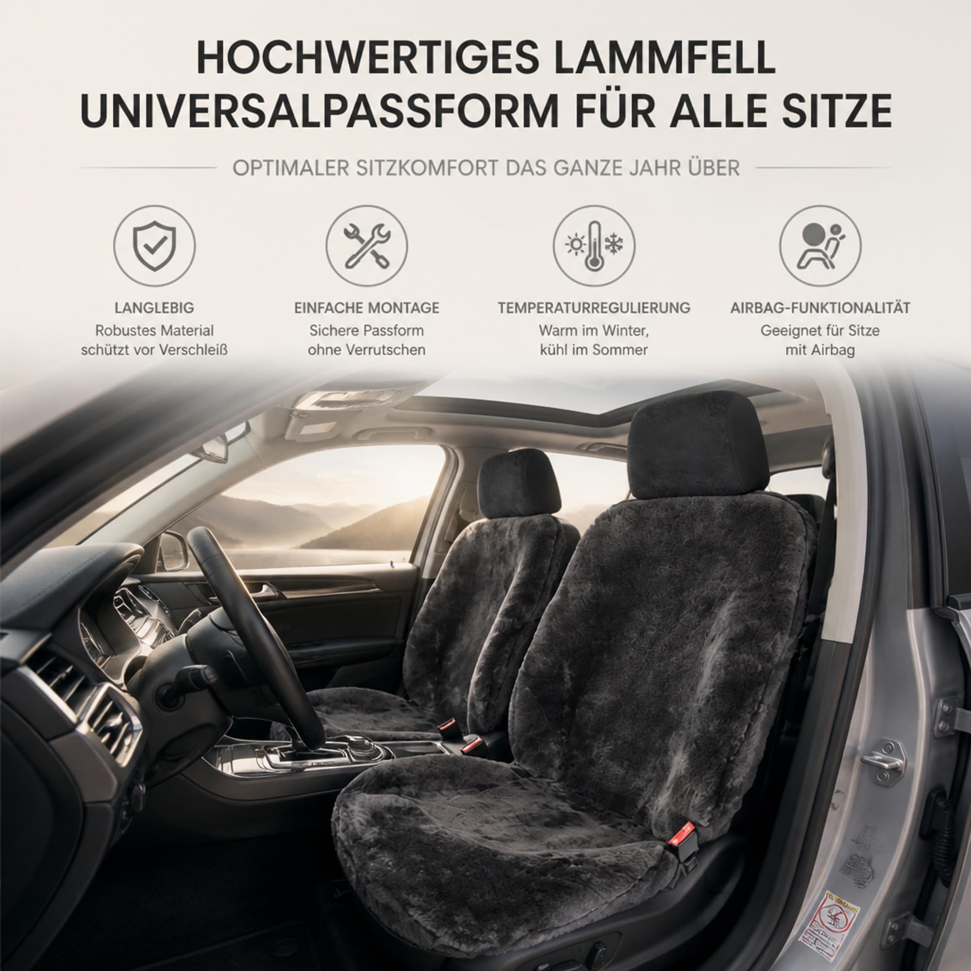 Felle Autositzbezug/Autofell Premium aus hochwertigem Lammfell – 2 Stück – Universelle Passform – Geeignet für alle Jahreszeiten – Einfache Montage – Lange Haltbarkeit (Schiefer)